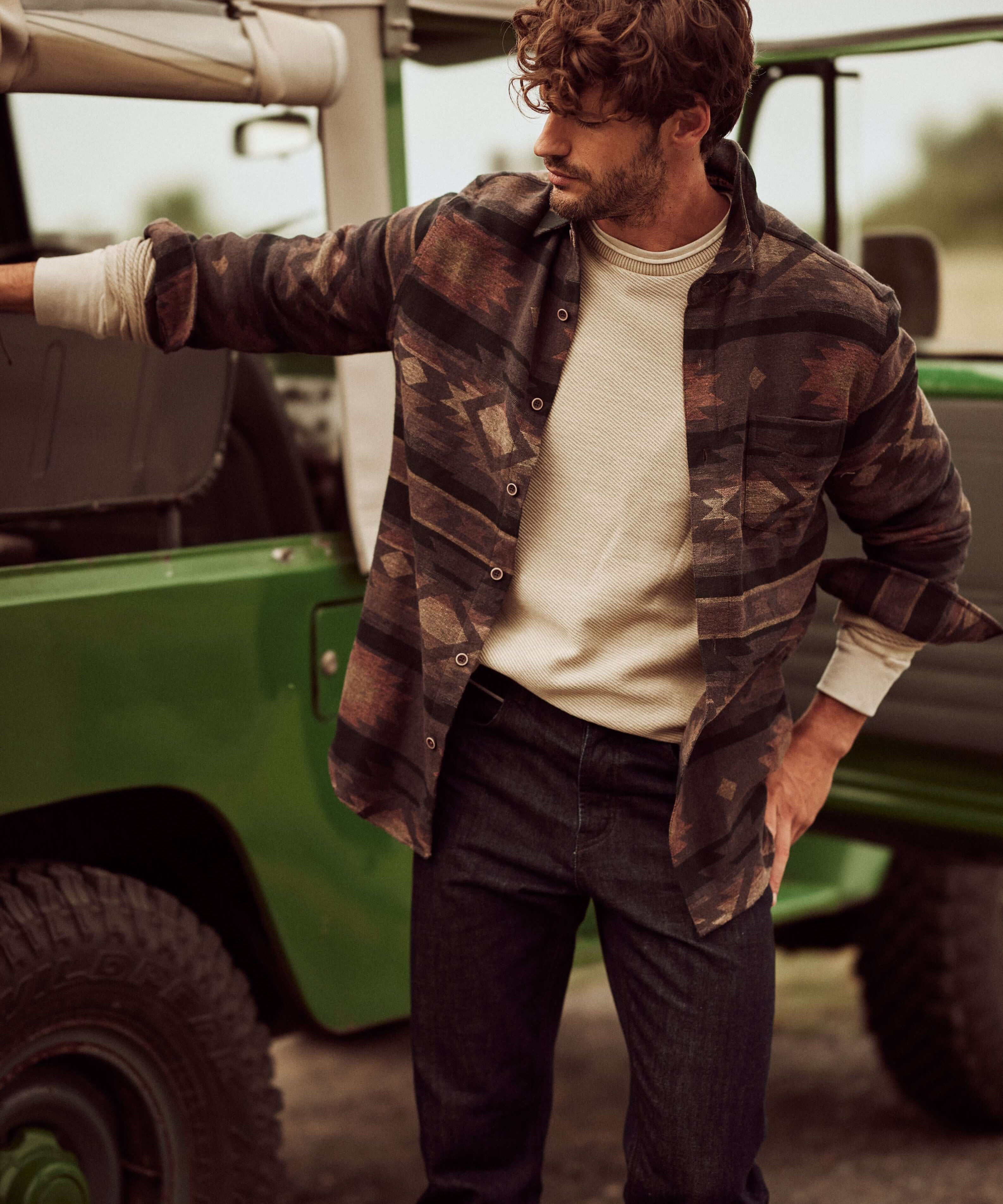 Southwest Unlined Jacquard Overshirt in Chocolate Torte worn casually, showcasing its relaxed fit and Southwest pattern.