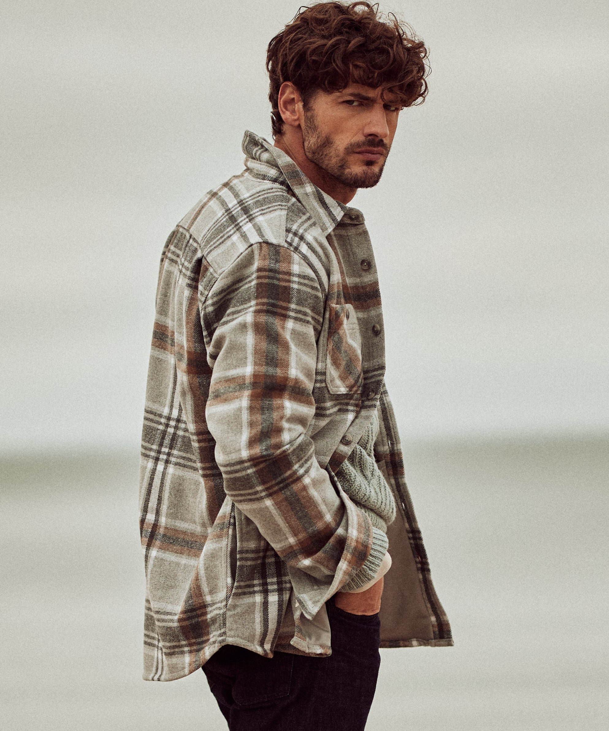 Wool Blend Plaid Shirt Jacket in Castor Grey worn by a man, showcasing its stylish design and cozy warmth.
