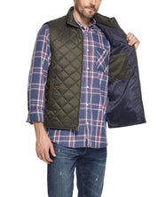 Man showcasing a Diamond Quilted Vest in Rosin, featuring a classic fit and windproof construction.