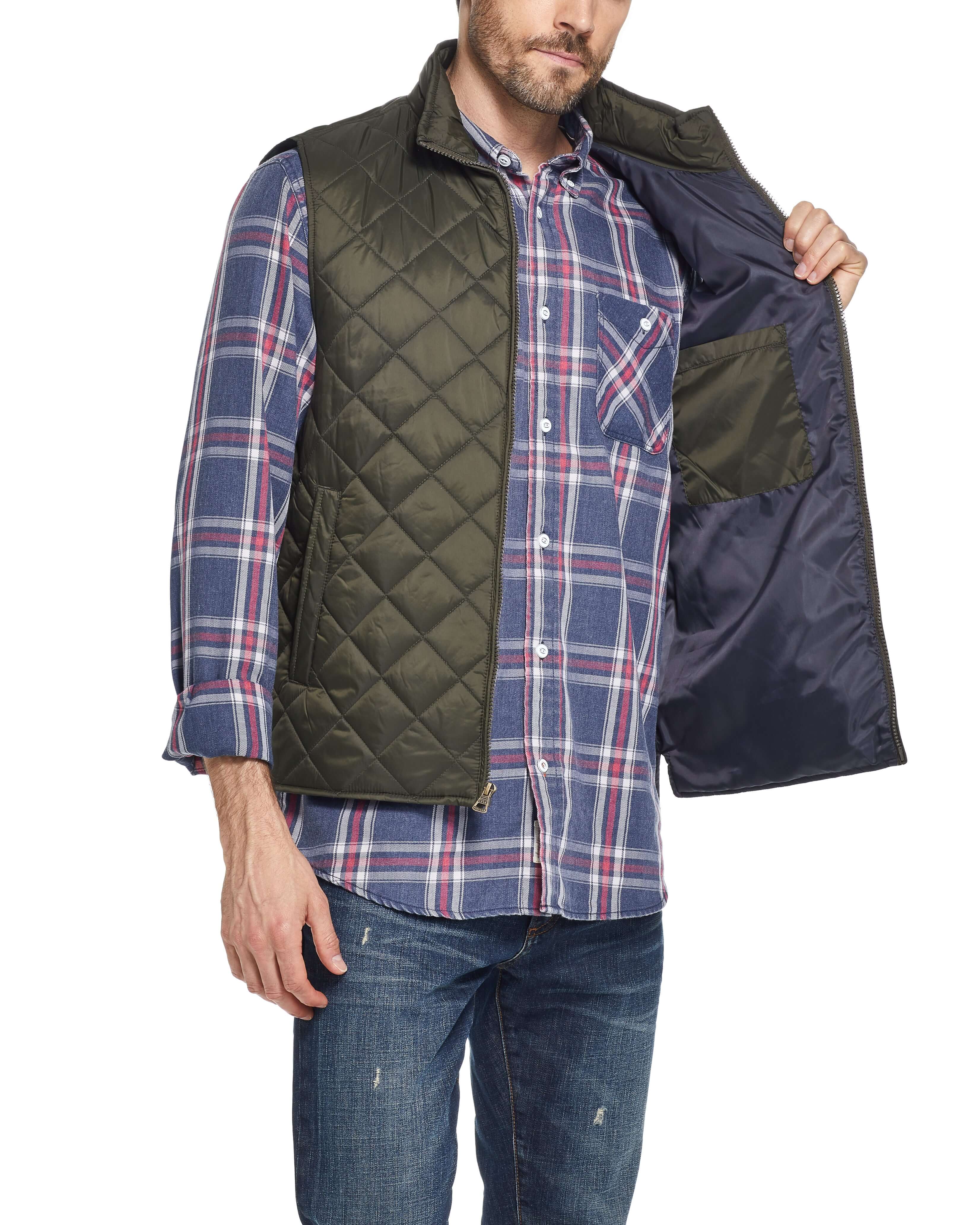 Man showcasing a Diamond Quilted Vest in Rosin, featuring a classic fit and windproof construction.