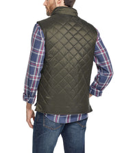Back view of a man wearing a Diamond Quilted Vest in Rosin, showcasing its windproof design and classic fit.