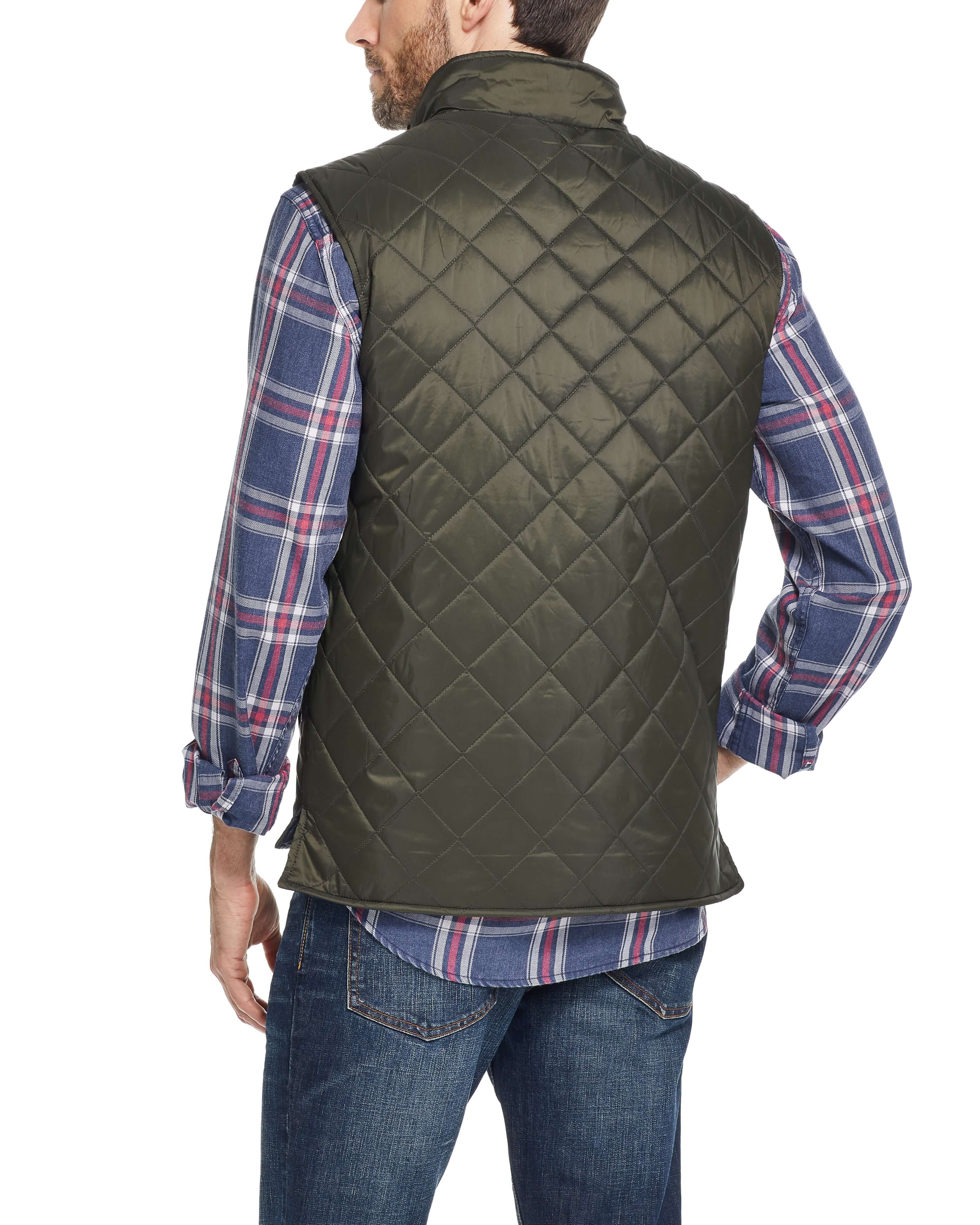 Back view of a man wearing a Diamond Quilted Vest in Rosin, showcasing its windproof design and classic fit.