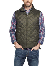 Diamond quilted vest in rosin color, featuring a zip front, hand warmer pockets, and stylish plaid shirt.