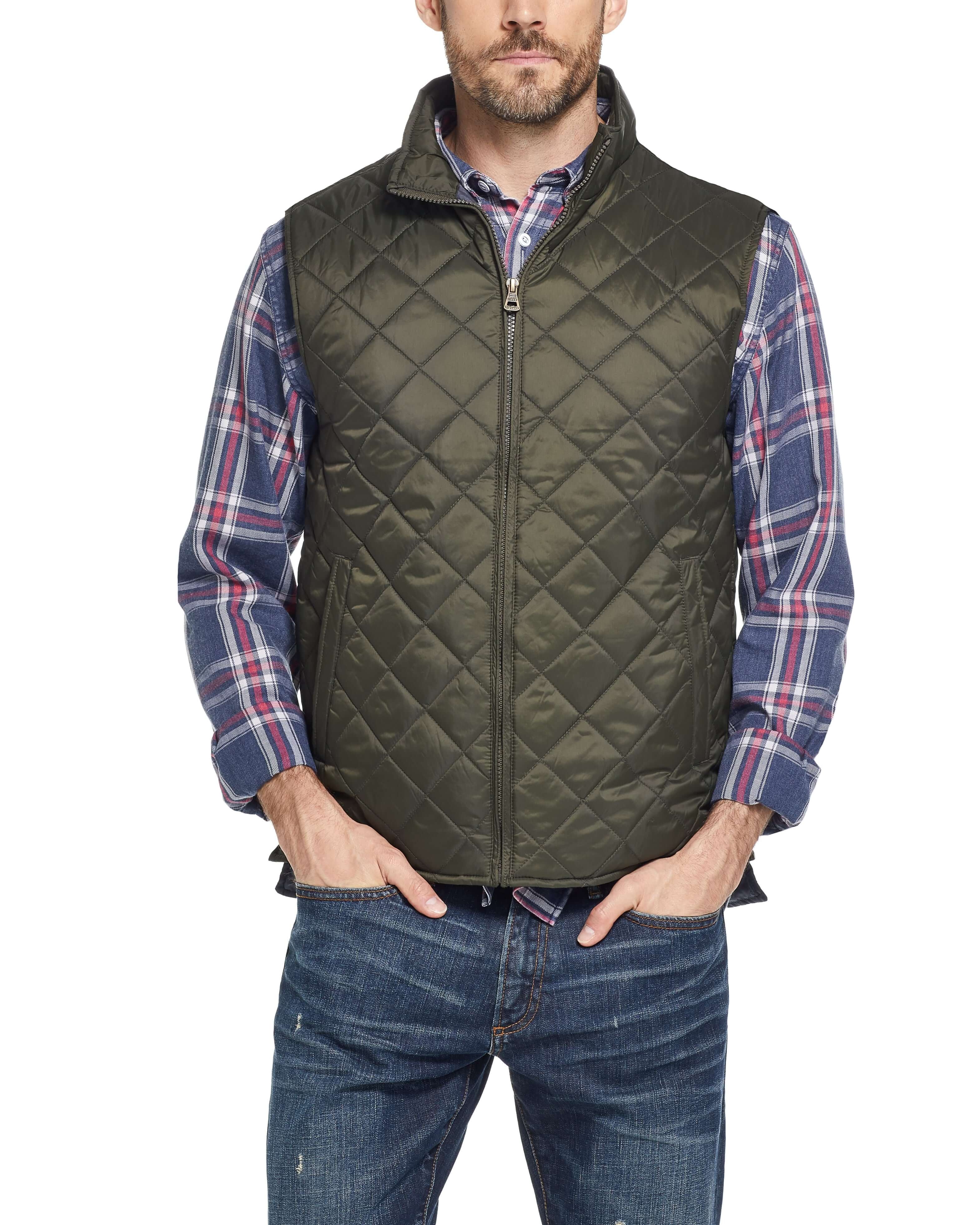 Diamond quilted vest in rosin color, featuring a zip front, hand warmer pockets, and stylish plaid shirt.