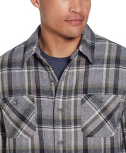 Sherpa Lined Flannel Shirt Jacket In Twine featuring a man wearing a plaid design with chest pockets and button front.