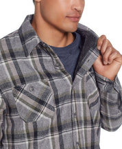 Sherpa Lined Flannel Shirt Jacket In Twine featuring a relaxed fit and button front with plaid design.