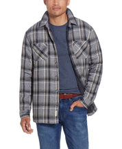 Sherpa Lined Flannel Shirt Jacket In Twine on a model, featuring a cozy button front and plaid design.