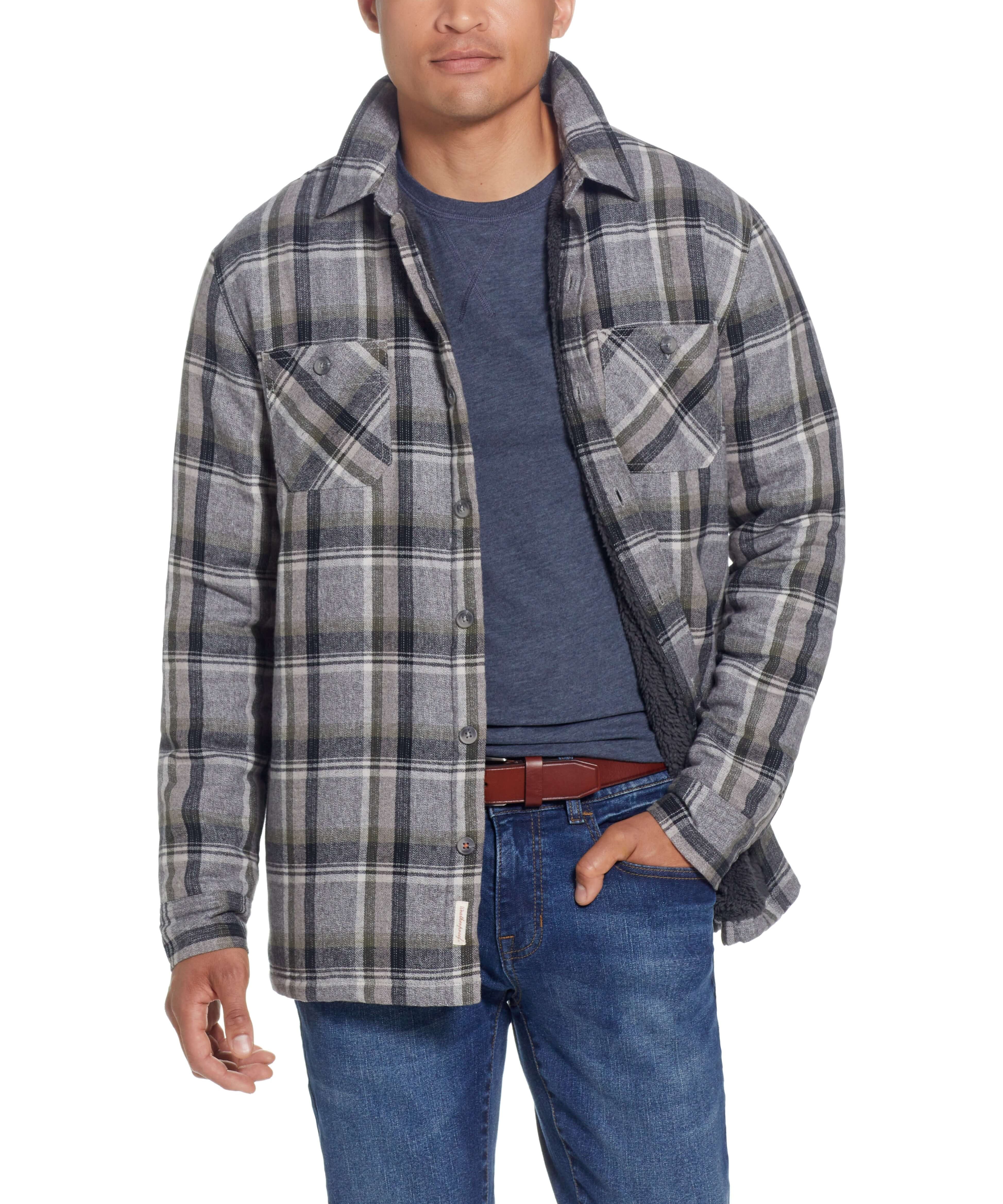Sherpa Lined Flannel Shirt Jacket In Twine on a model, featuring a cozy button front and plaid design.