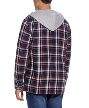 Sherpa Lined Hooded Flannel Shirt Jacket In Berry displayed from the back showing plaid pattern and gray hood.
