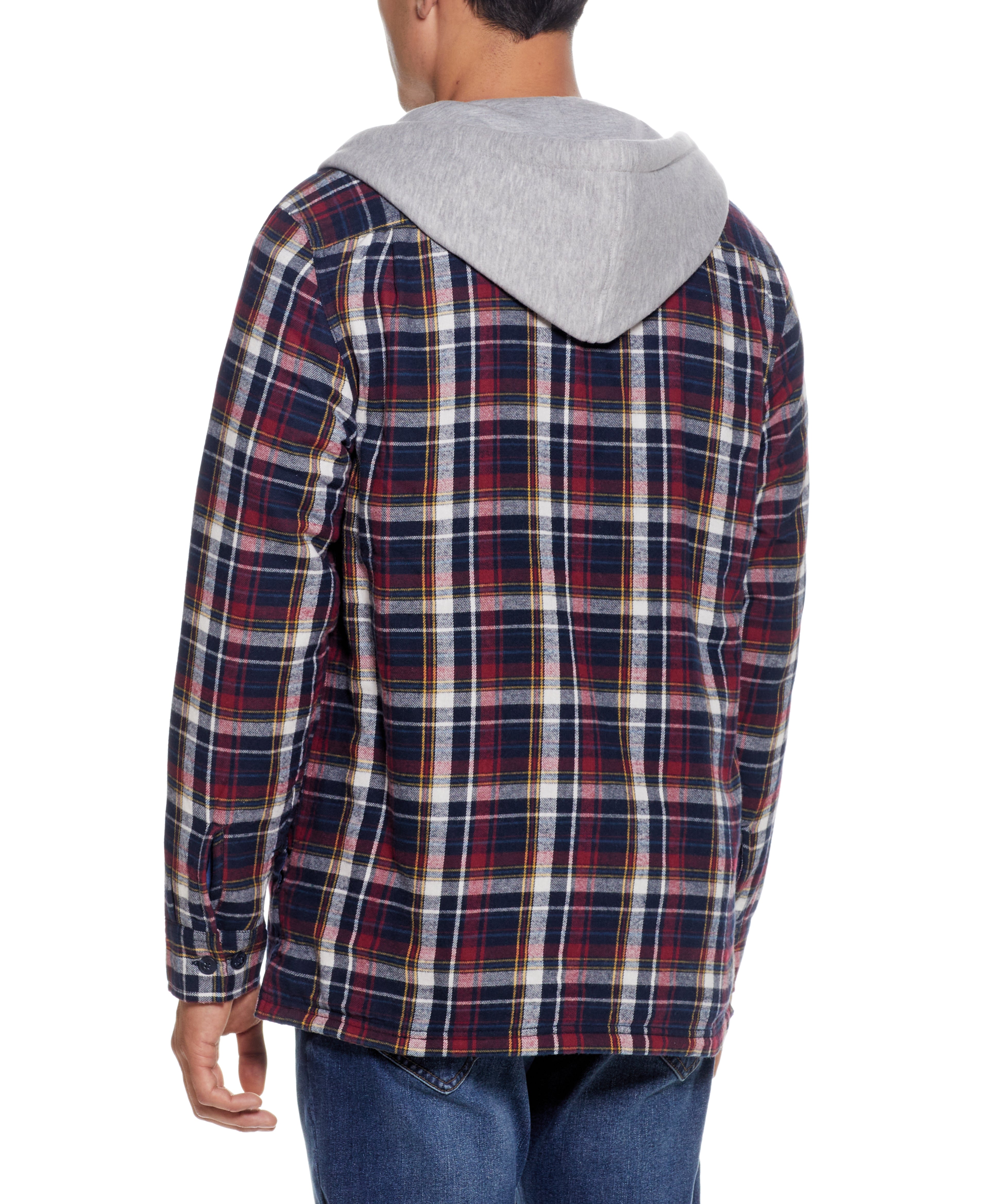 Sherpa Lined Hooded Flannel Shirt Jacket In Berry displayed from the back showing plaid pattern and gray hood.