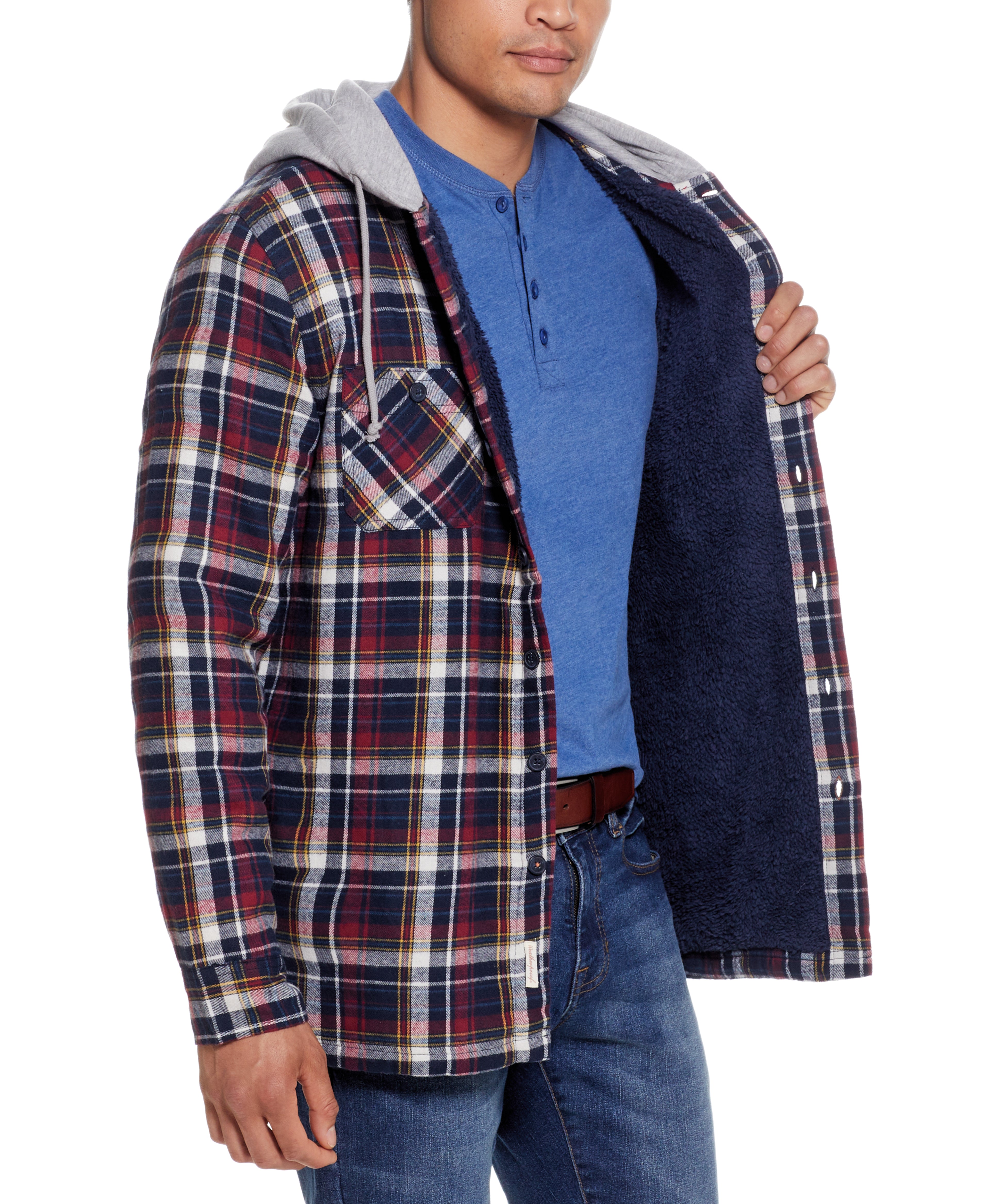 Sherpa Lined Hooded Flannel Shirt Jacket In Berry worn by a model, showcasing its stylish interior and front pockets.