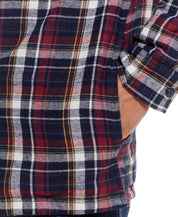 Close-up of the Sherpa Lined Hooded Flannel Shirt Jacket In Berry showcasing the plaid pattern and rolled sleeves.