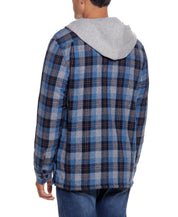 Back view of a man wearing a Sherpa Lined Hooded Shirt Jacket In Blue featuring plaid design and gray hood.