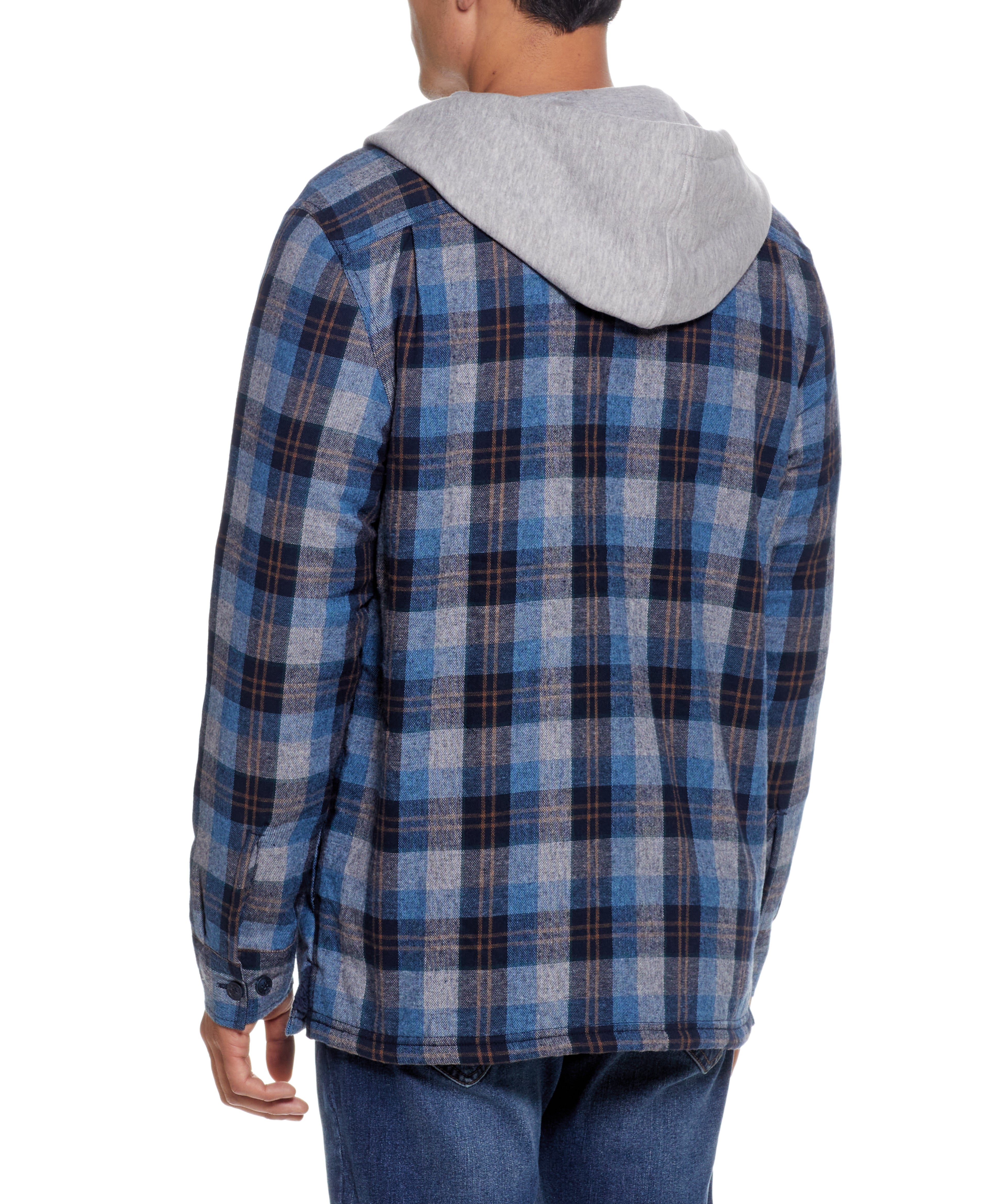 Back view of a man wearing a Sherpa Lined Hooded Shirt Jacket In Blue featuring plaid design and gray hood.