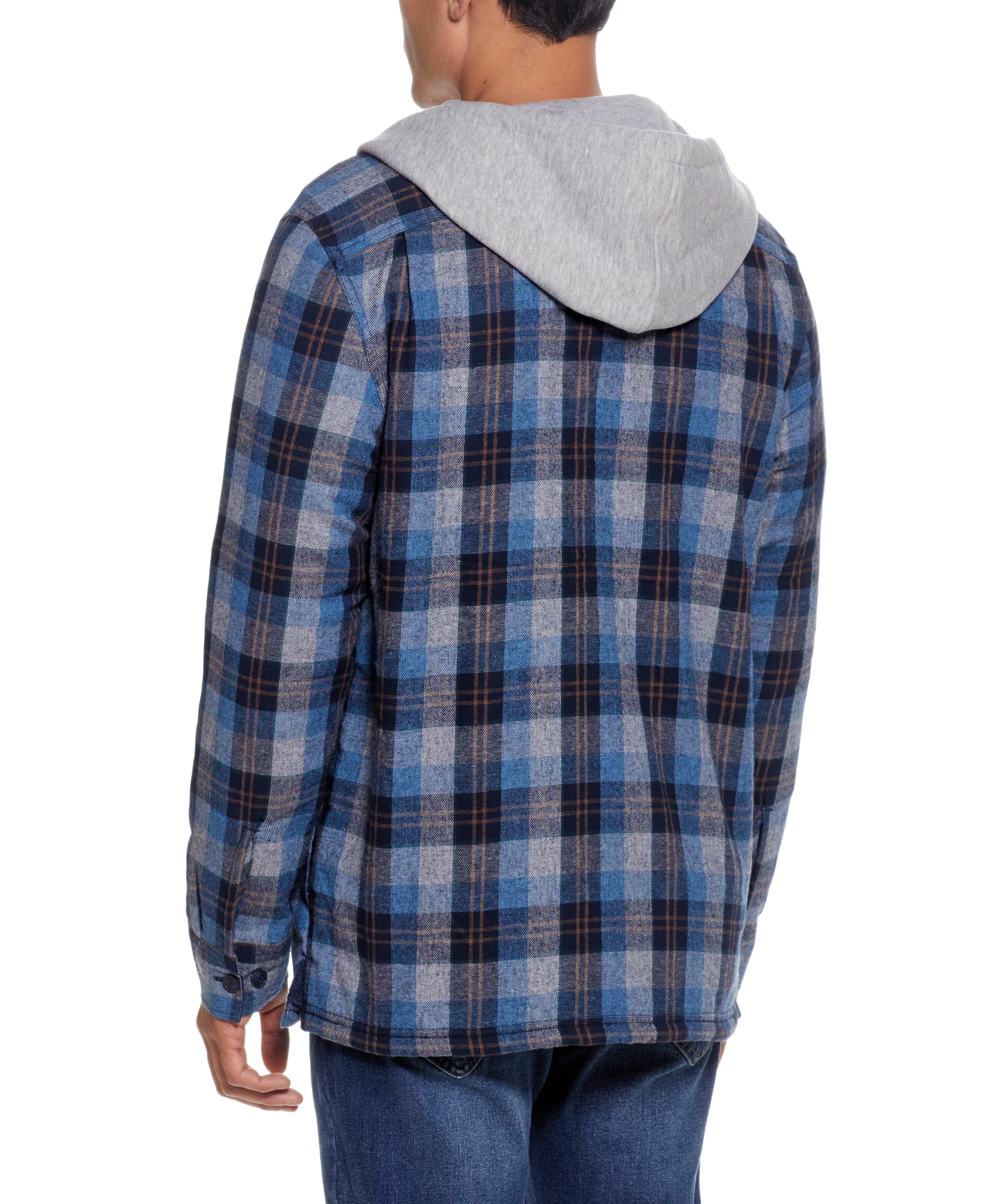 Back view of a man wearing a Sherpa Lined Hooded Shirt Jacket In Blue featuring plaid design and gray hood.