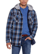 Sherpa Lined Hooded Shirt Jacket In Blue displayed on a model showcasing the plaid design and comfort features.