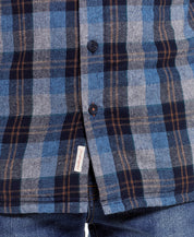 Sherpa Lined Hooded Shirt Jacket In Blue featuring a plaid pattern with button closure and stylish design.