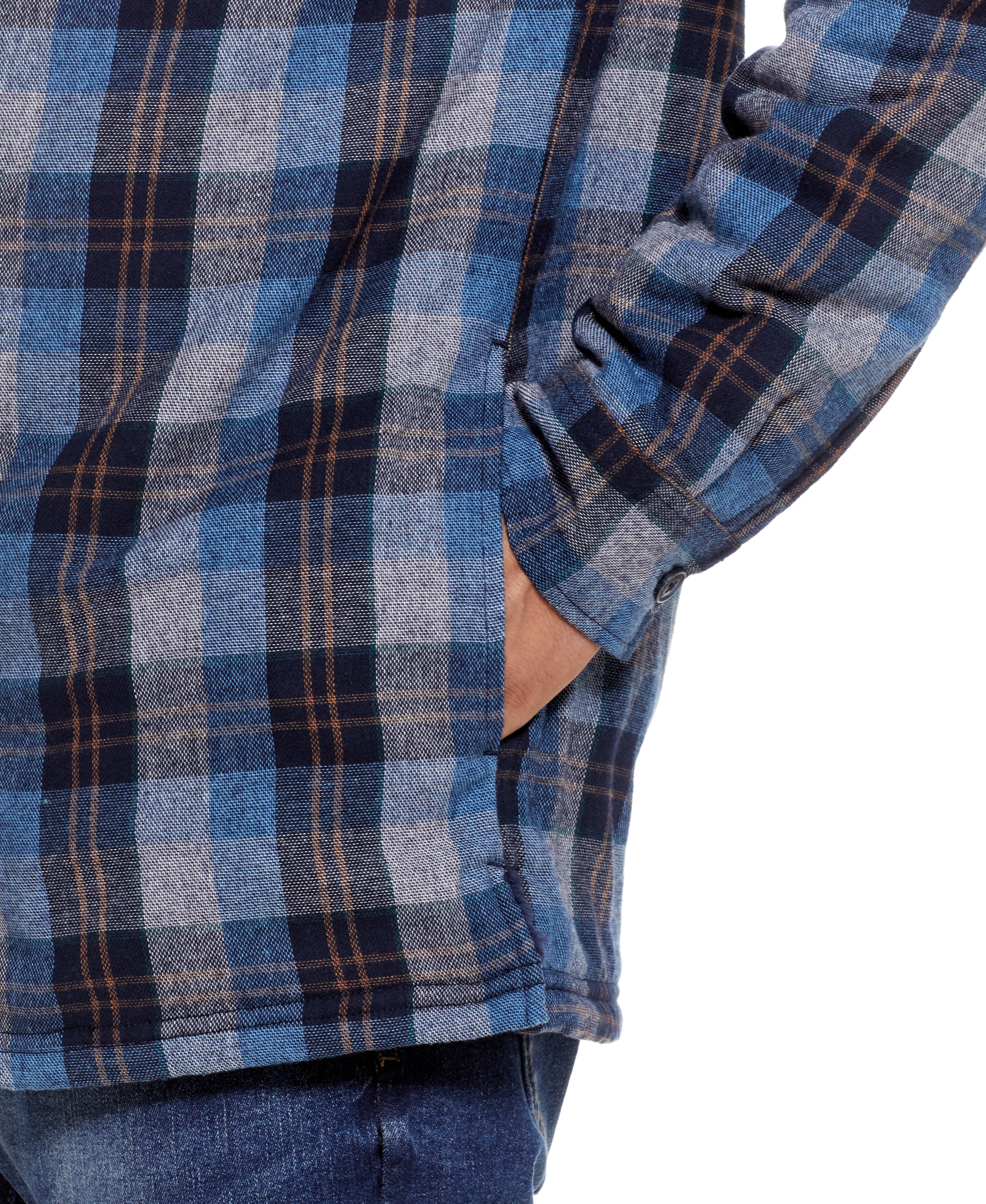 Close-up of the Sherpa Lined Hooded Shirt Jacket In Blue, showcasing the fabric pattern and side pocket.