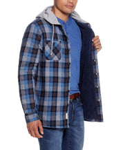 Sherpa Lined Hooded Shirt Jacket In Blue worn by a model, showcasing the plaid fabric and cozy interior.
