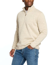 Men's stone sweaterfleece pullover with sherpa trim, featuring a front quarter zip and side pockets, ideal for layering.