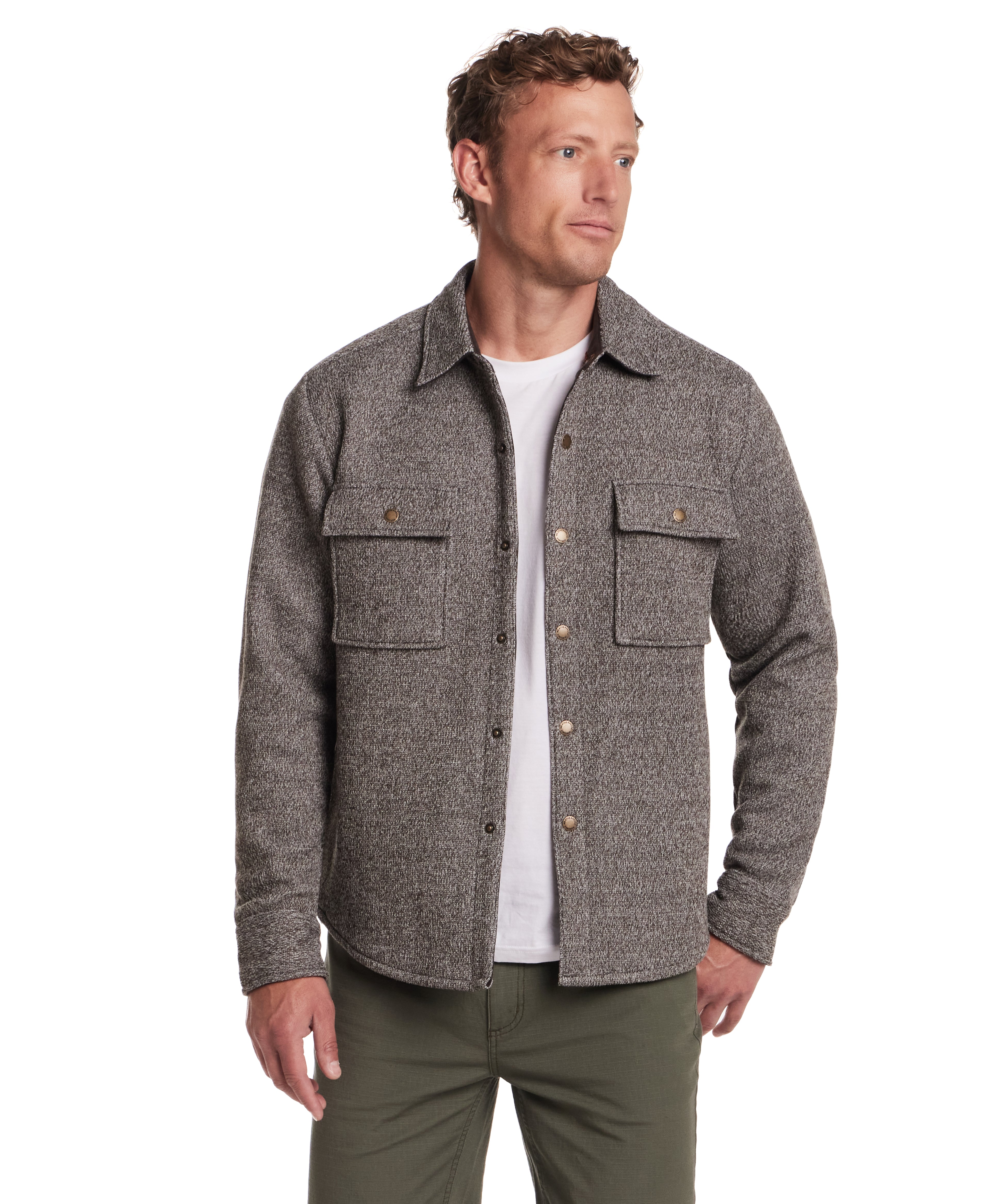 Knit Shirt Jacket in Chocolate Torte displayed on a model featuring a snap-front closure and dual chest pockets.
