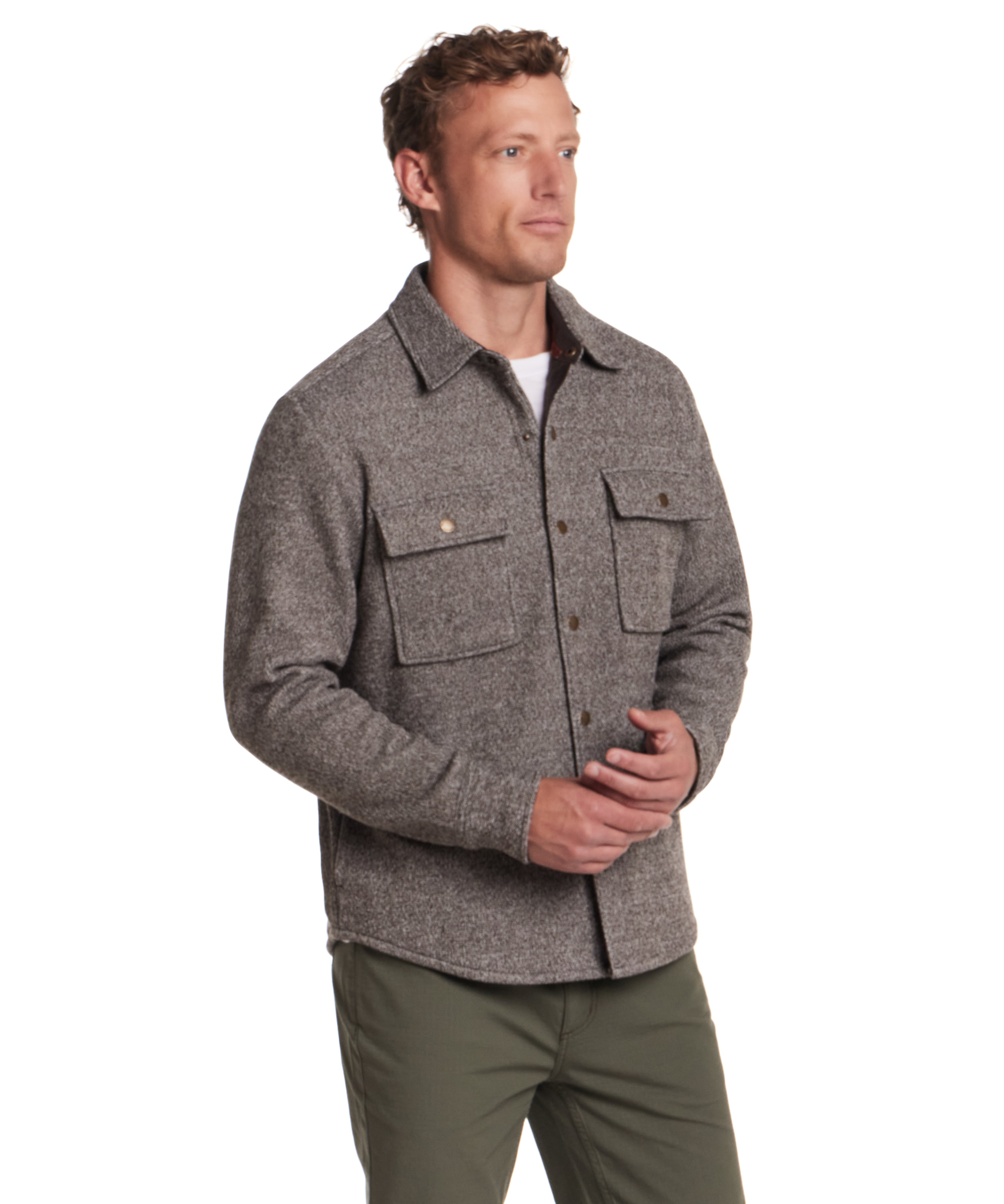Knit Shirt Jacket in Chocolate Torte displayed on a model, featuring a snap-front closure and dual chest pockets.