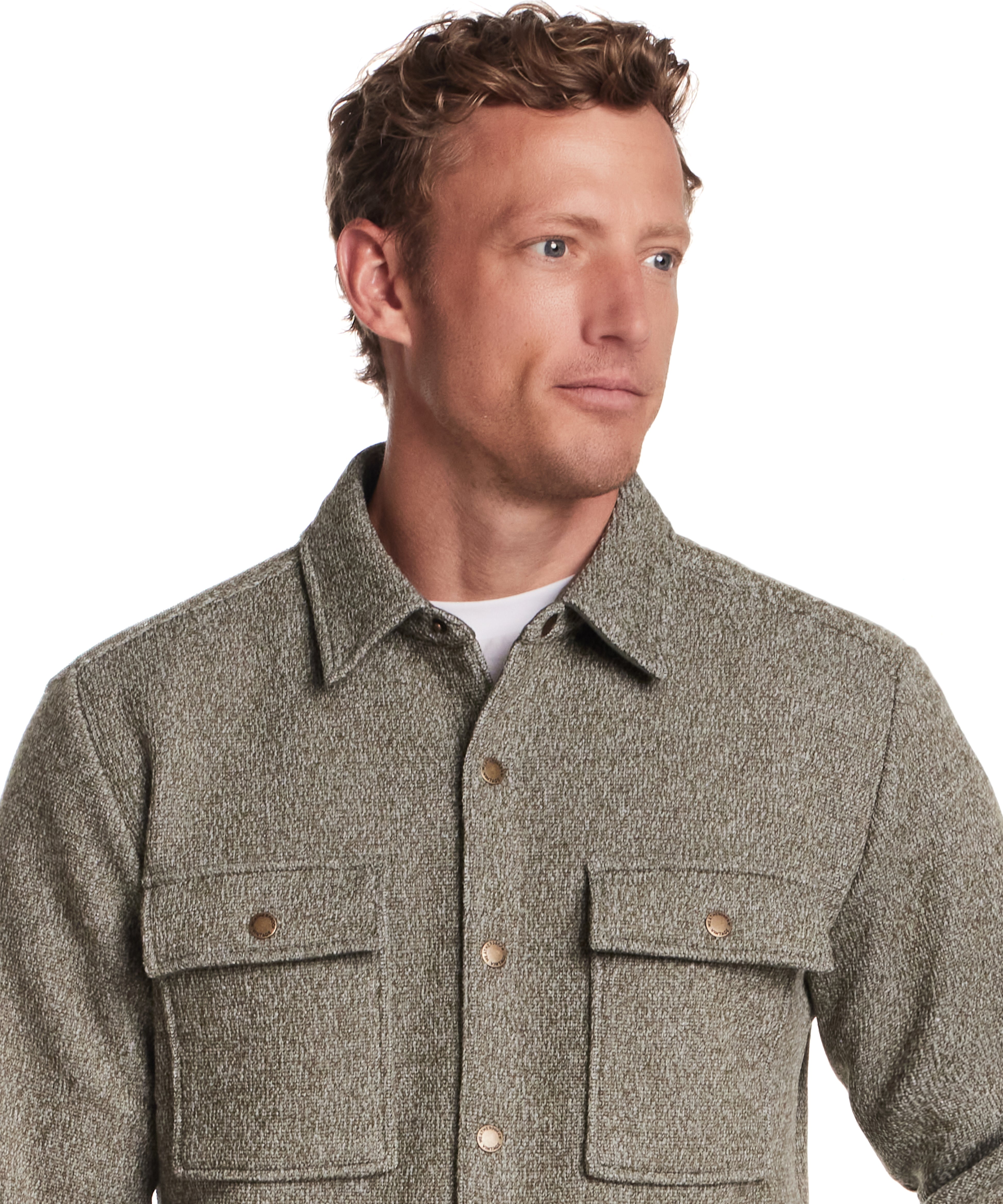 Knit Shirt Jacket in Kambaba Olive worn by model, featuring dual flap chest pockets and snap-front closure.