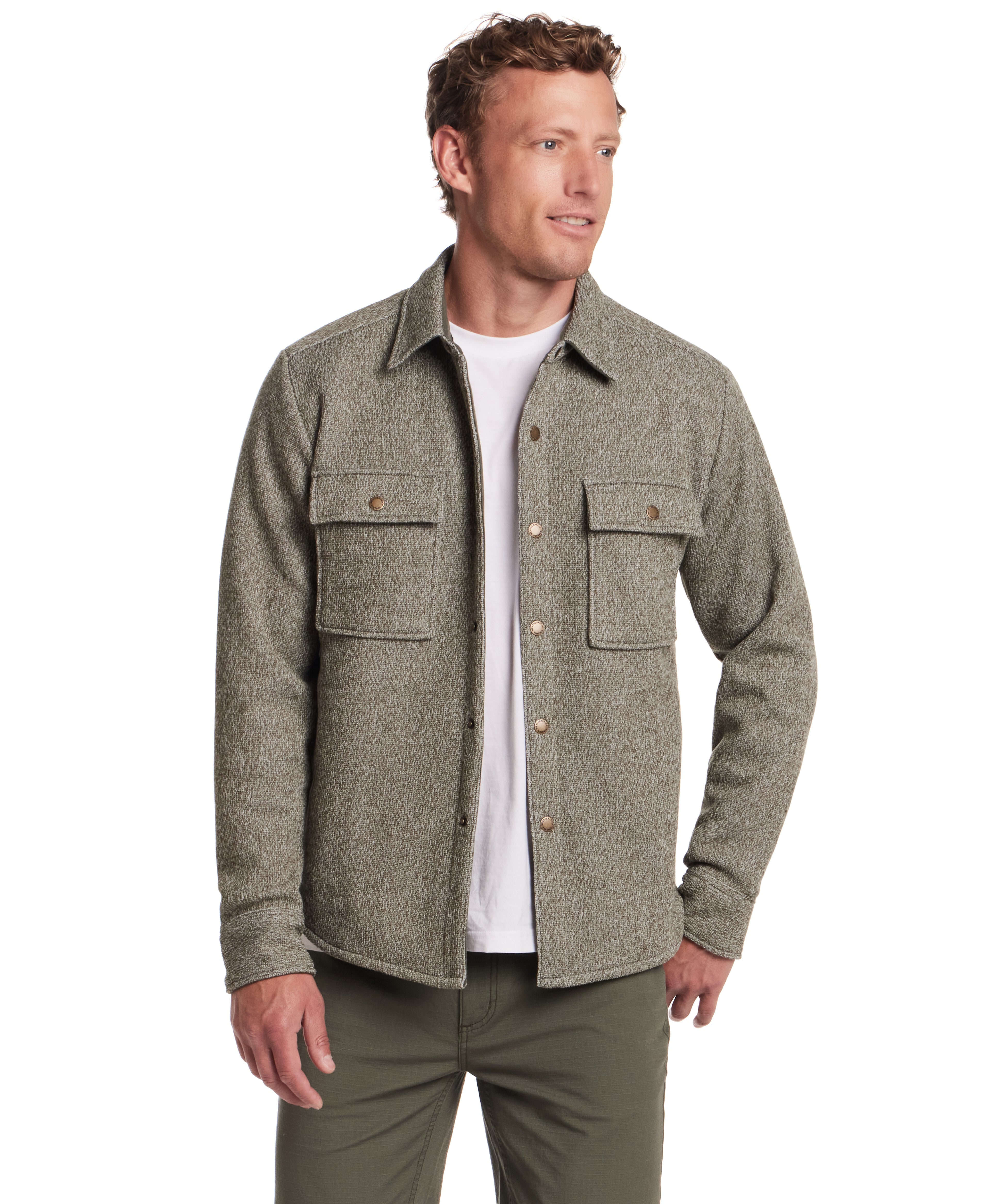 Knit Shirt Jacket in Kambaba Olive worn by model, featuring snap-front closure and dual flap chest pockets.