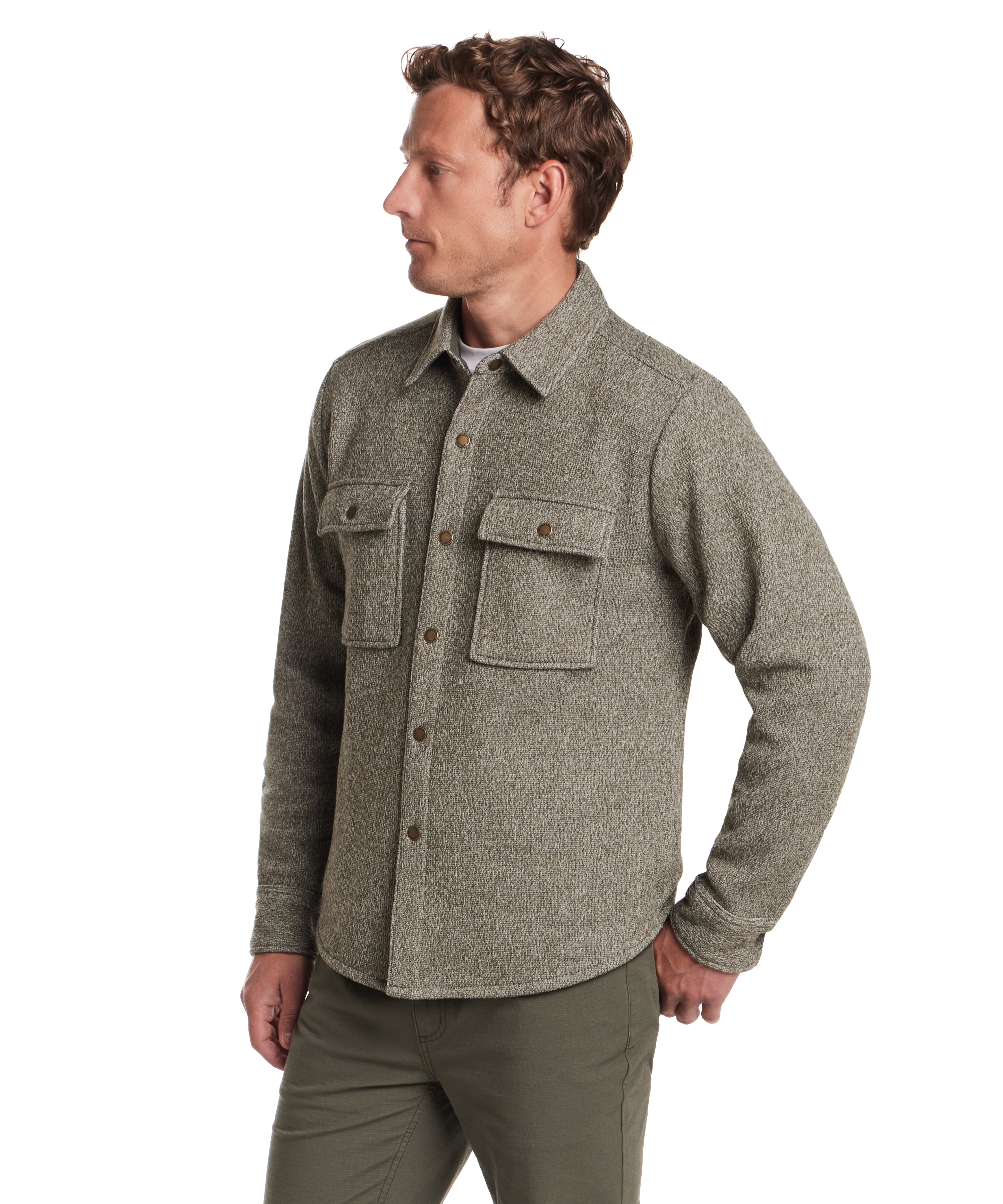 Knit Shirt Jacket in Kambaba Olive worn by a model, showcasing snap-front closure and dual chest pockets.
