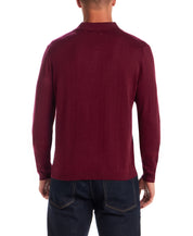 Back view of Cotton Cashmere Long Sleeve Polo in Syrah, highlighting its soft and lightweight knit design.