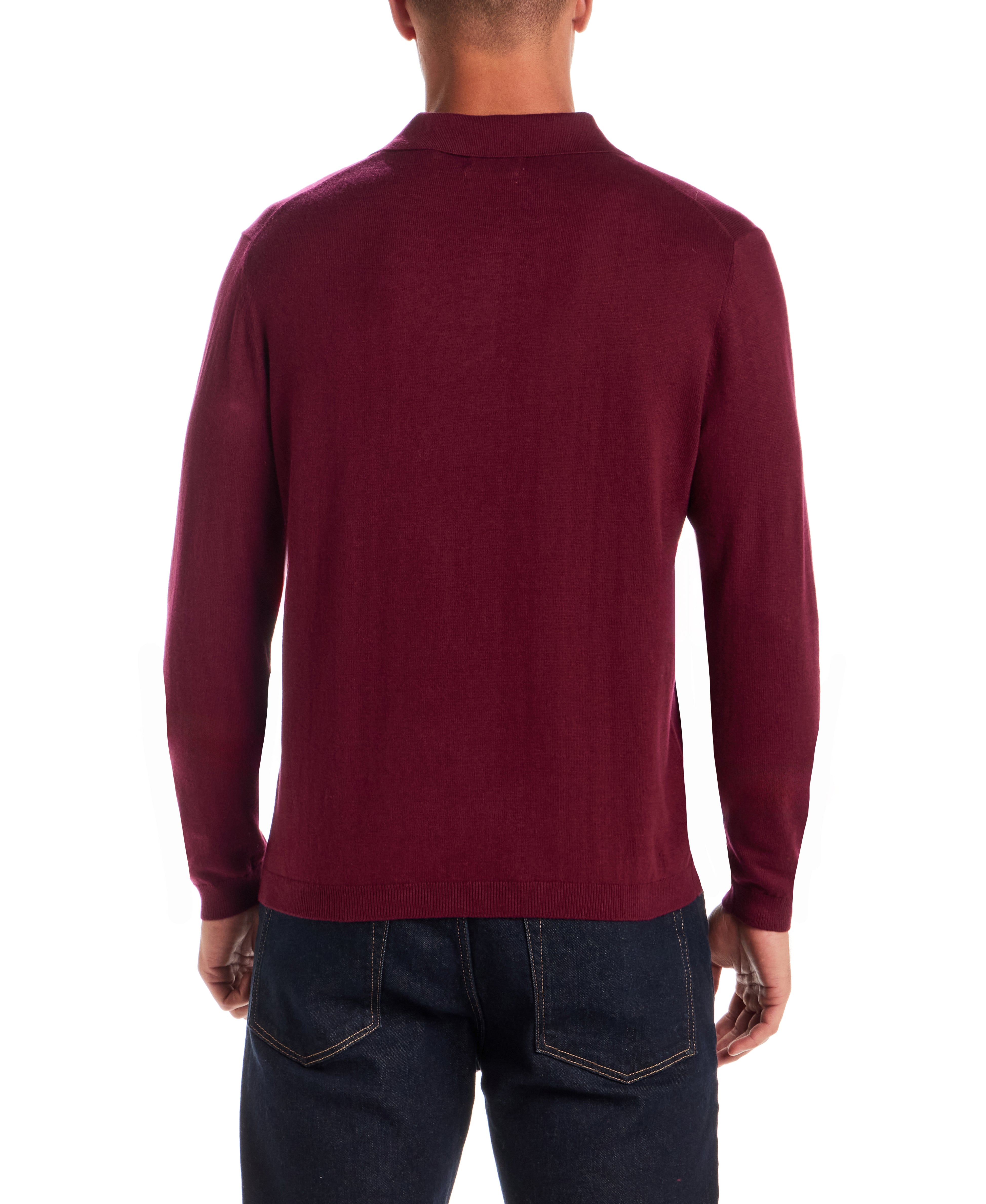 Back view of Cotton Cashmere Long Sleeve Polo in Syrah, highlighting its soft and lightweight knit design.