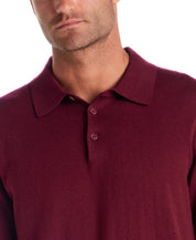 Cotton Cashmere Long Sleeve Polo in Syrah showcases a refined polo collar and soft, lightweight knit.