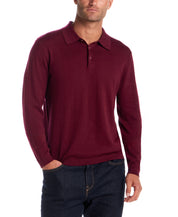 Cotton Cashmere Long Sleeve Polo in Syrah worn by a model, showcasing its refined knit material and classic fit.