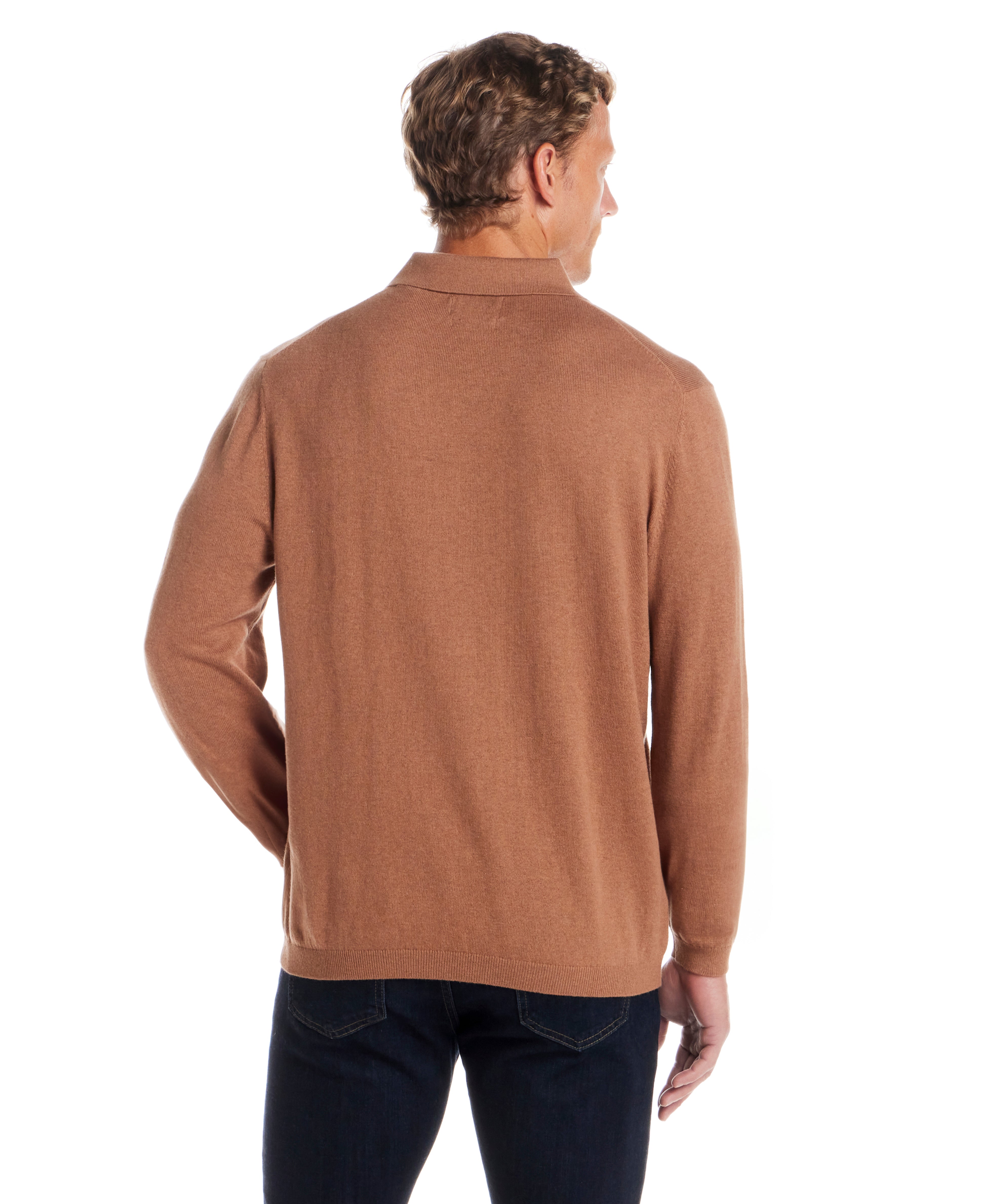 Cotton Cashmere Long Sleeve Polo in Camel, back view of model wearing long-sleeve polo sweater in camel color.