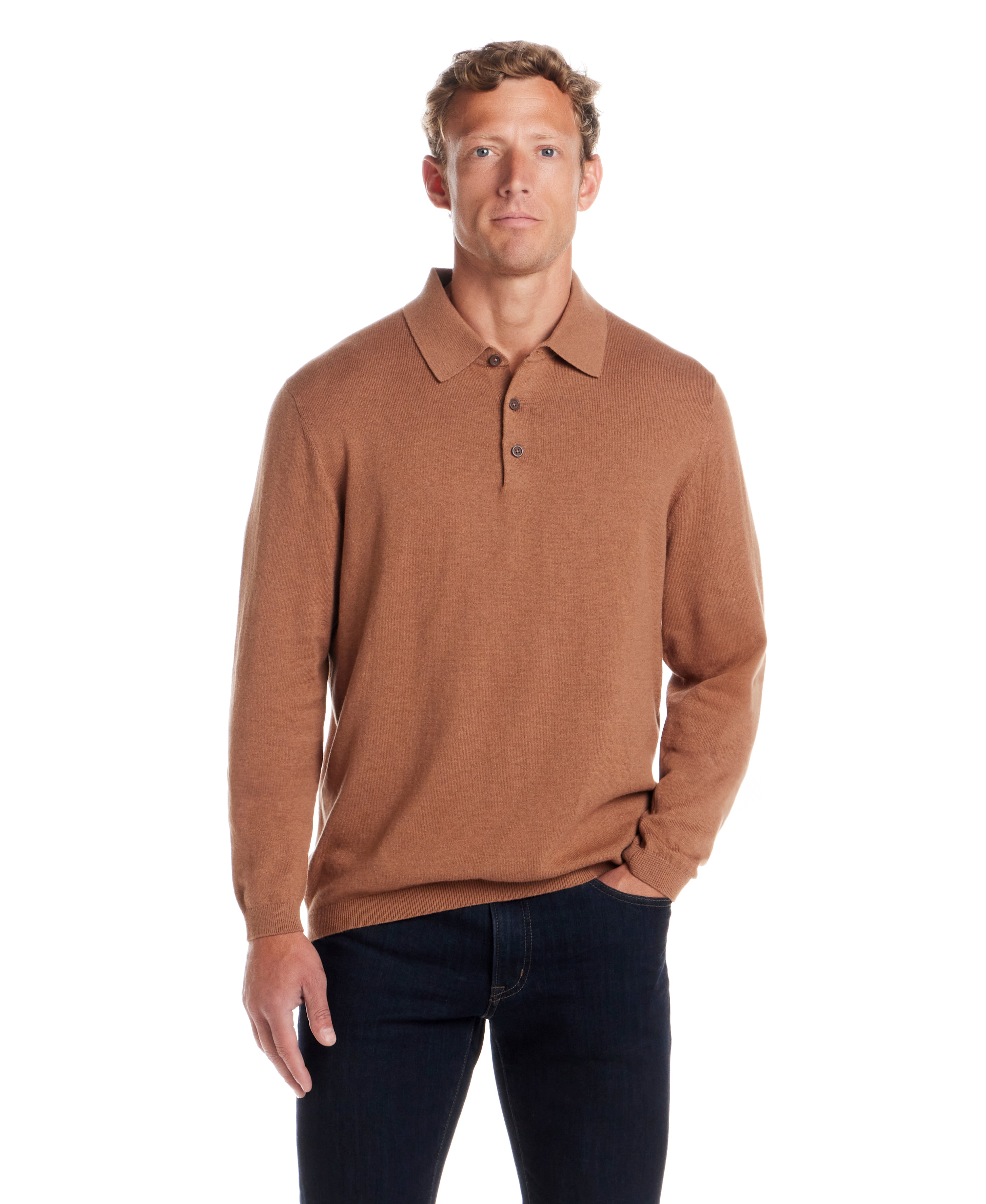 Cotton Cashmere Long Sleeve Polo in Camel worn by a model, showcasing the soft, lightweight knit and classic fit.