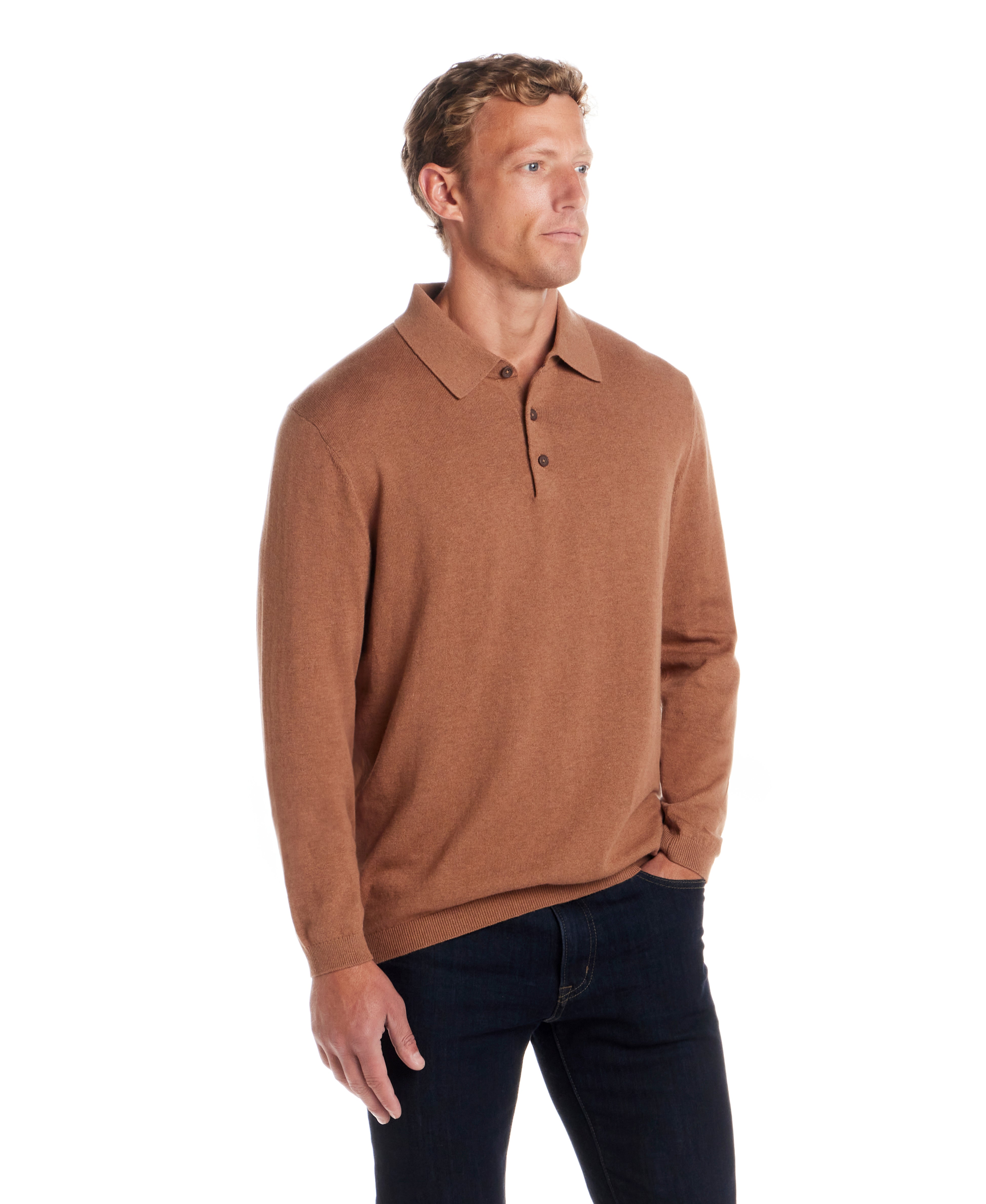 Man wearing a Cotton Cashmere Long Sleeve Polo in Camel, showcasing a classic fit with a polo collar.