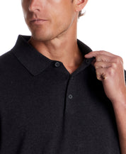 Cotton Cashmere Long Sleeve Polo in Charcoal worn by a model with a refined polo collar and lightweight knit.