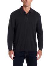 Cotton Cashmere Long Sleeve Polo in Charcoal, featuring a classic polo collar and long sleeves.