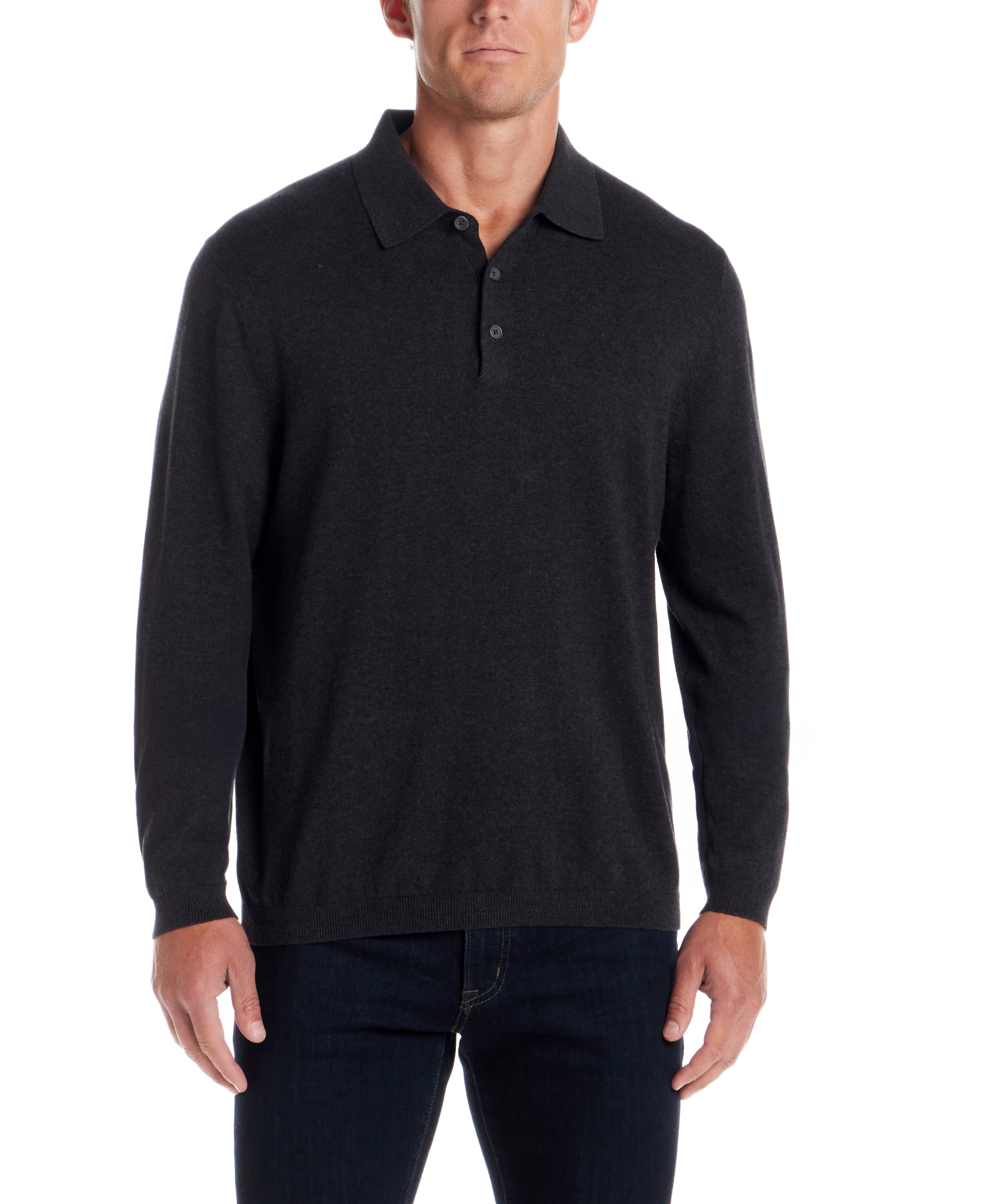 Cotton Cashmere Long Sleeve Polo in Charcoal, featuring a classic polo collar and long sleeves.