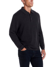 Cotton Cashmere Long Sleeve Polo in Charcoal worn by a model, showcasing its lightweight and refined style.