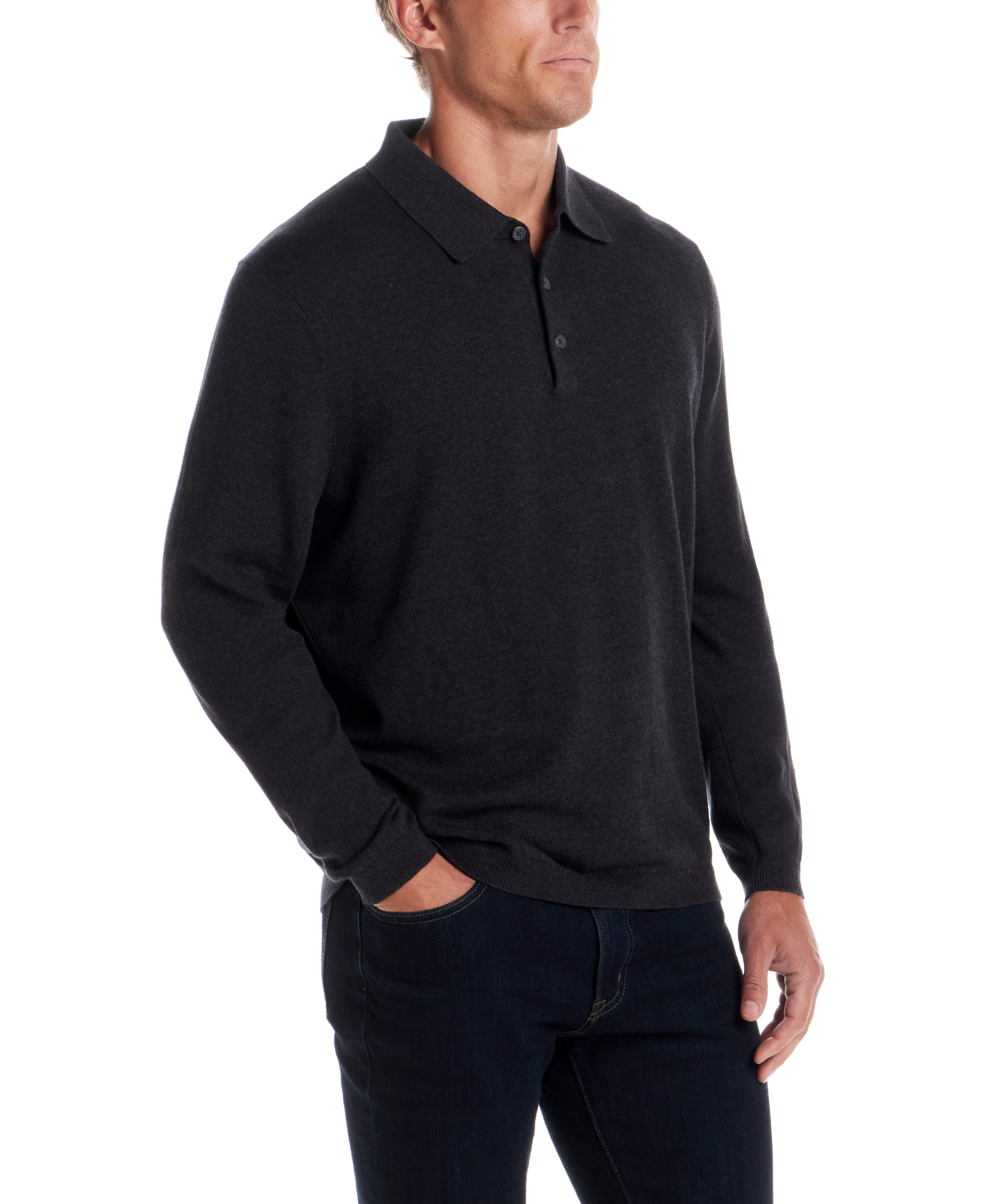 Cotton Cashmere Long Sleeve Polo in Charcoal worn by a model, showcasing its lightweight and refined style.