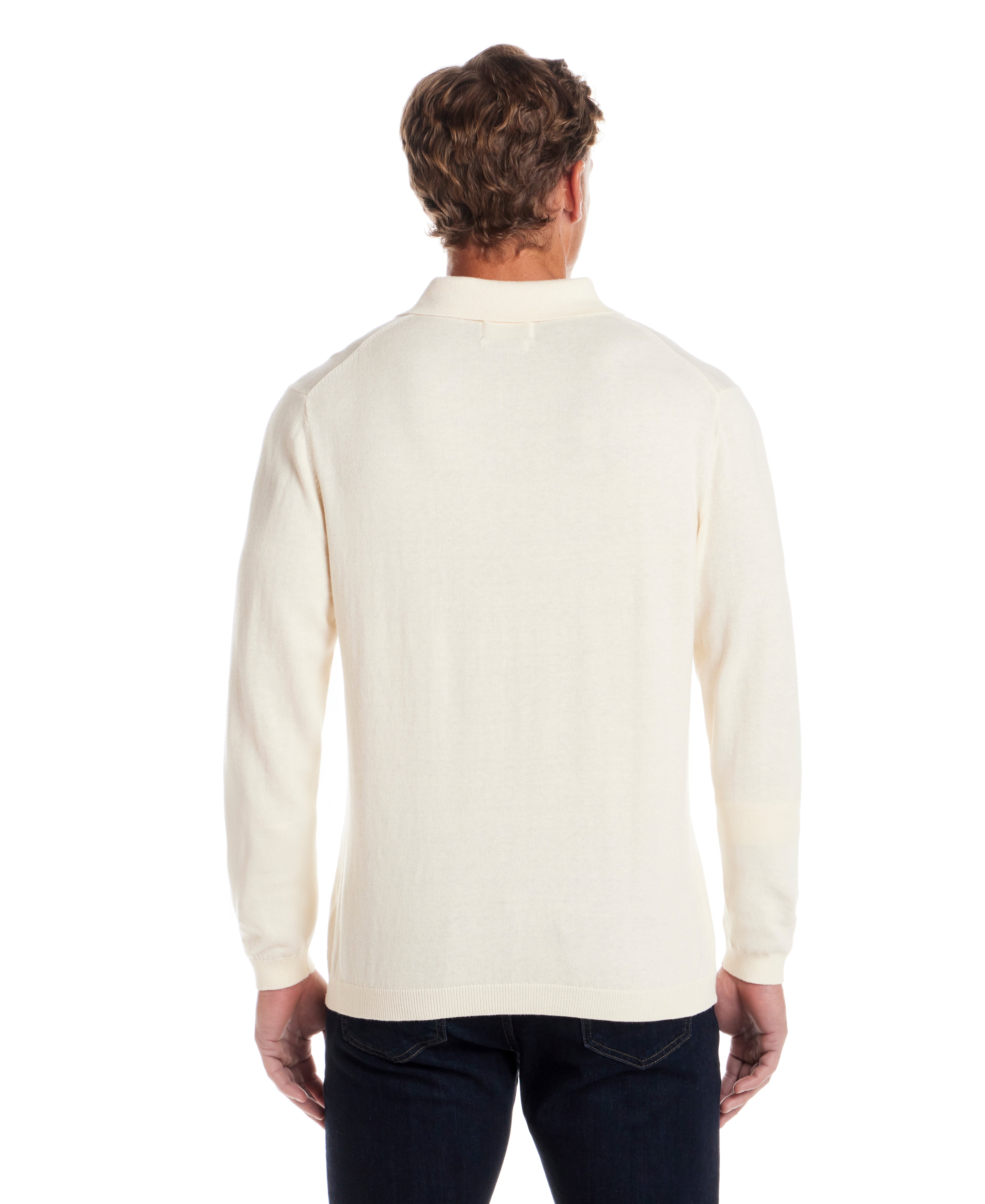 Cotton Cashmere Long Sleeve Polo in Ivory - back view of the soft, lightweight knit polo sweater in a classic fit.