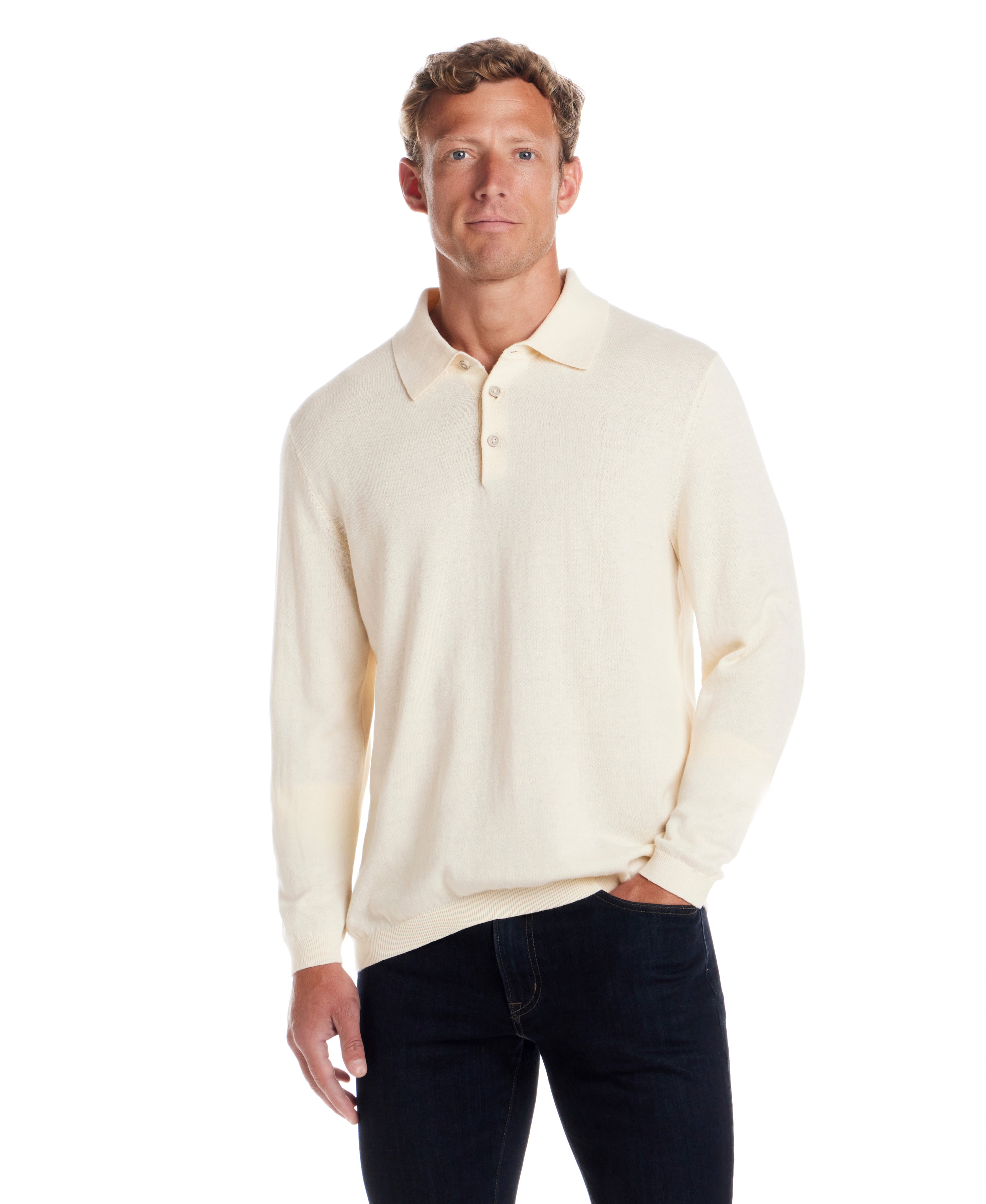 Cotton Cashmere Long Sleeve Polo in Ivory worn by a model, showcasing its lightweight and classic design.
