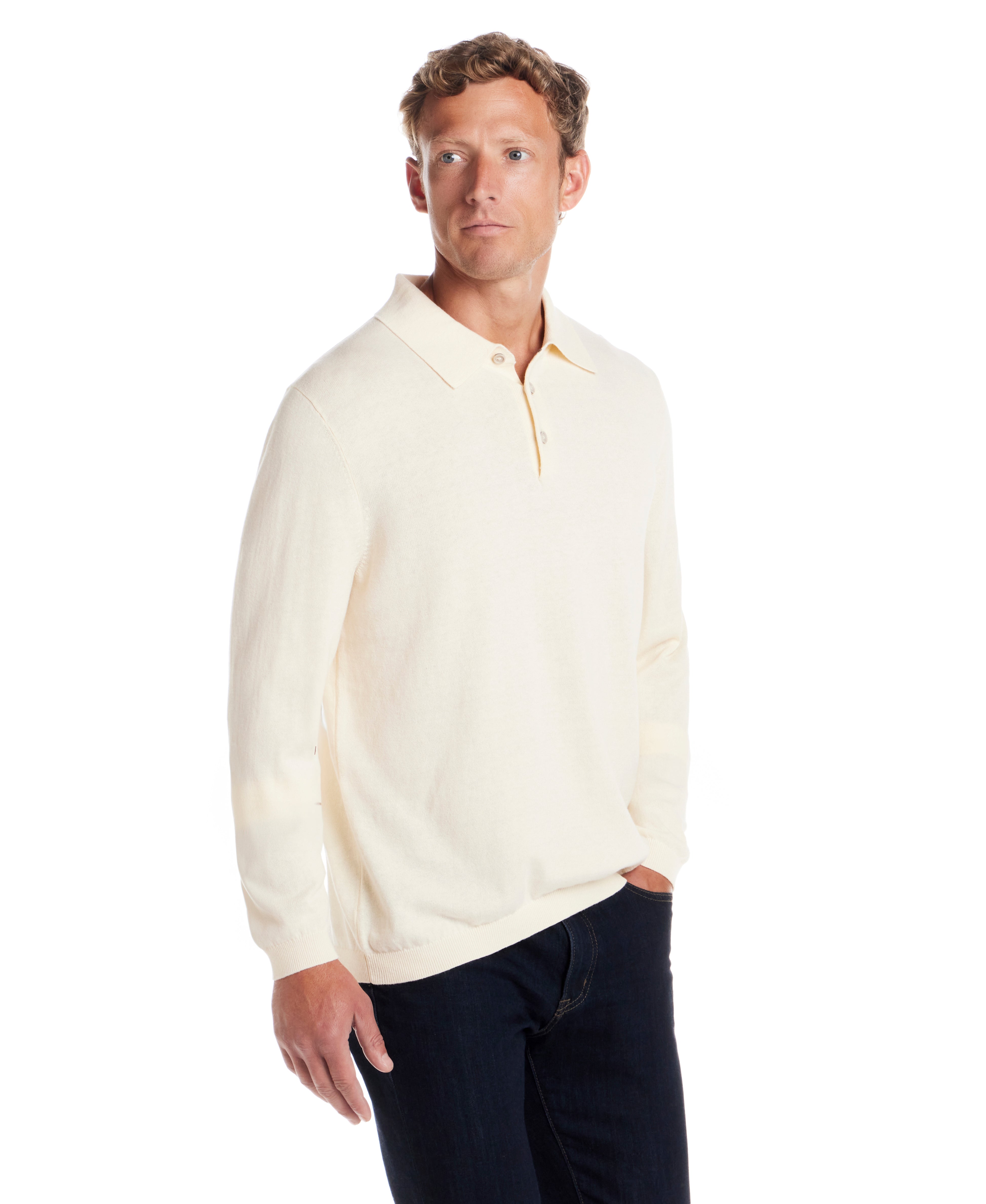 Cotton Cashmere Long Sleeve Polo in Ivory worn by model, showcasing soft lightweight knit and classic polo collar.