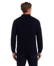 Cotton Cashmere Long Sleeve Polo in Navy displayed from the back, featuring a classic fit and long sleeves.
