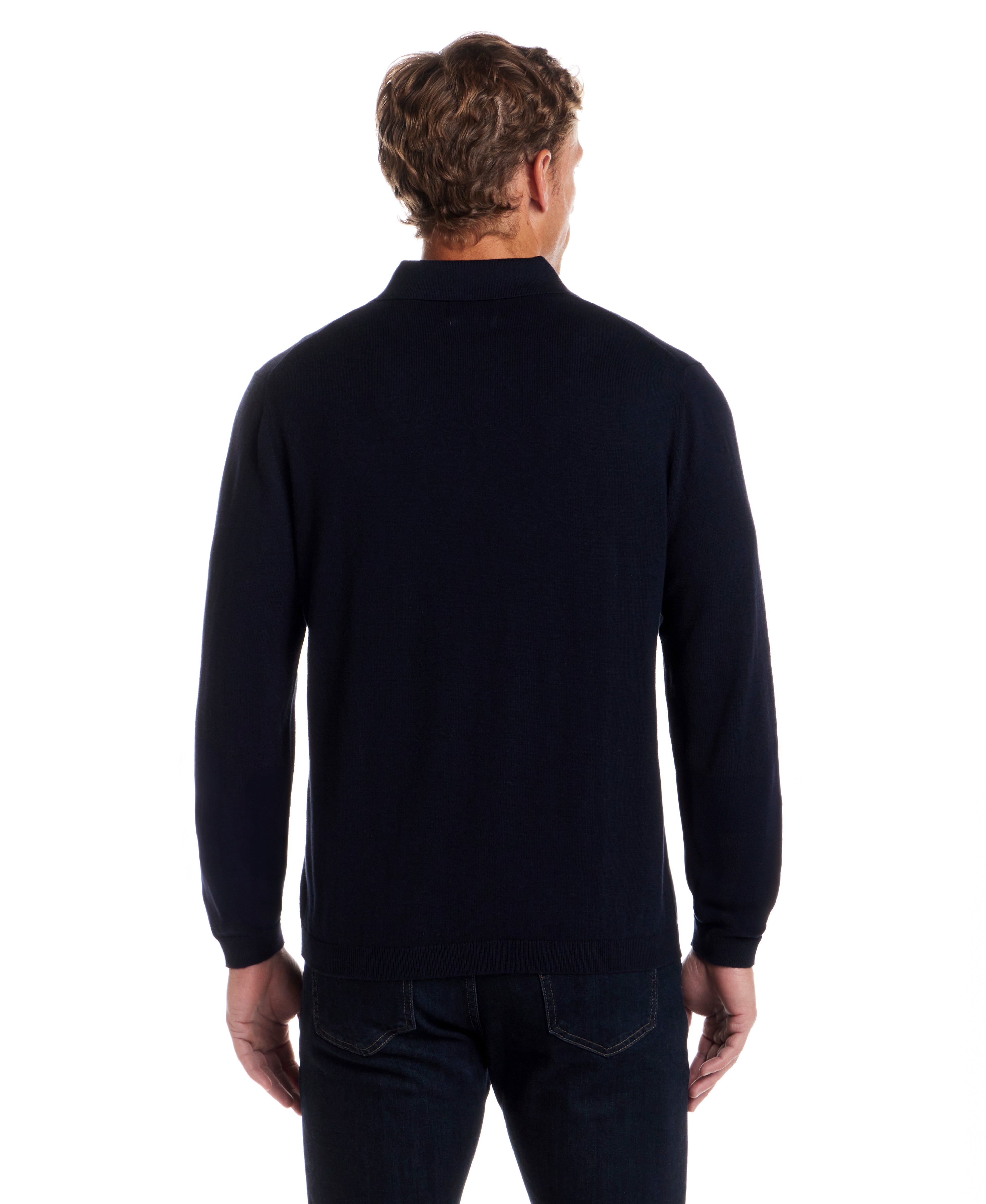 Cotton Cashmere Long Sleeve Polo in Navy displayed from the back, featuring a classic fit and long sleeves.