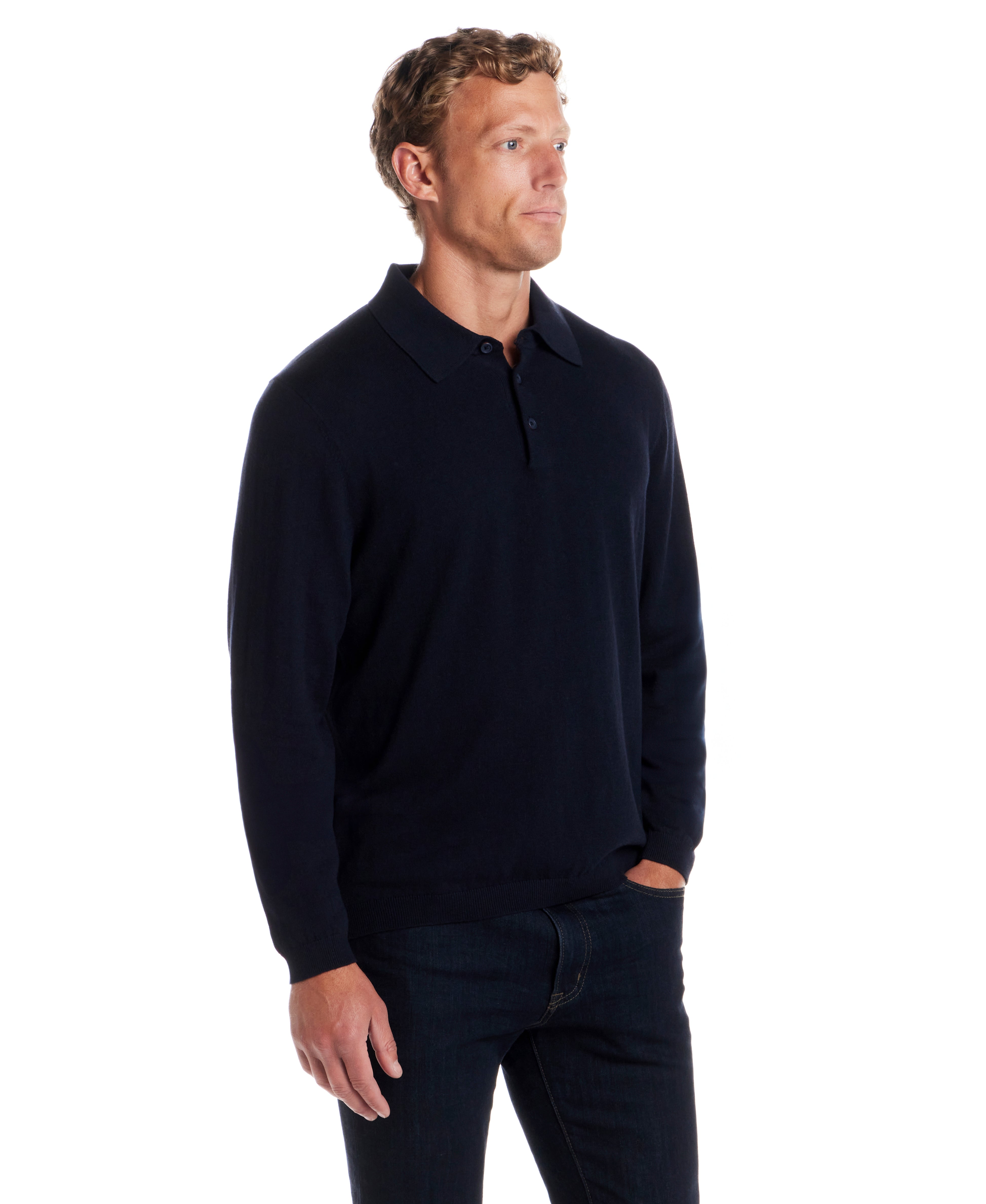 Cotton Cashmere Long Sleeve Polo in Navy modeled by a man, showcasing its refined knit and classic silhouette.