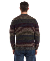 Back view of a man wearing the Mixed Stripe Crew Neck in Burgundy Mix, showcasing its chunky vintage stripes.