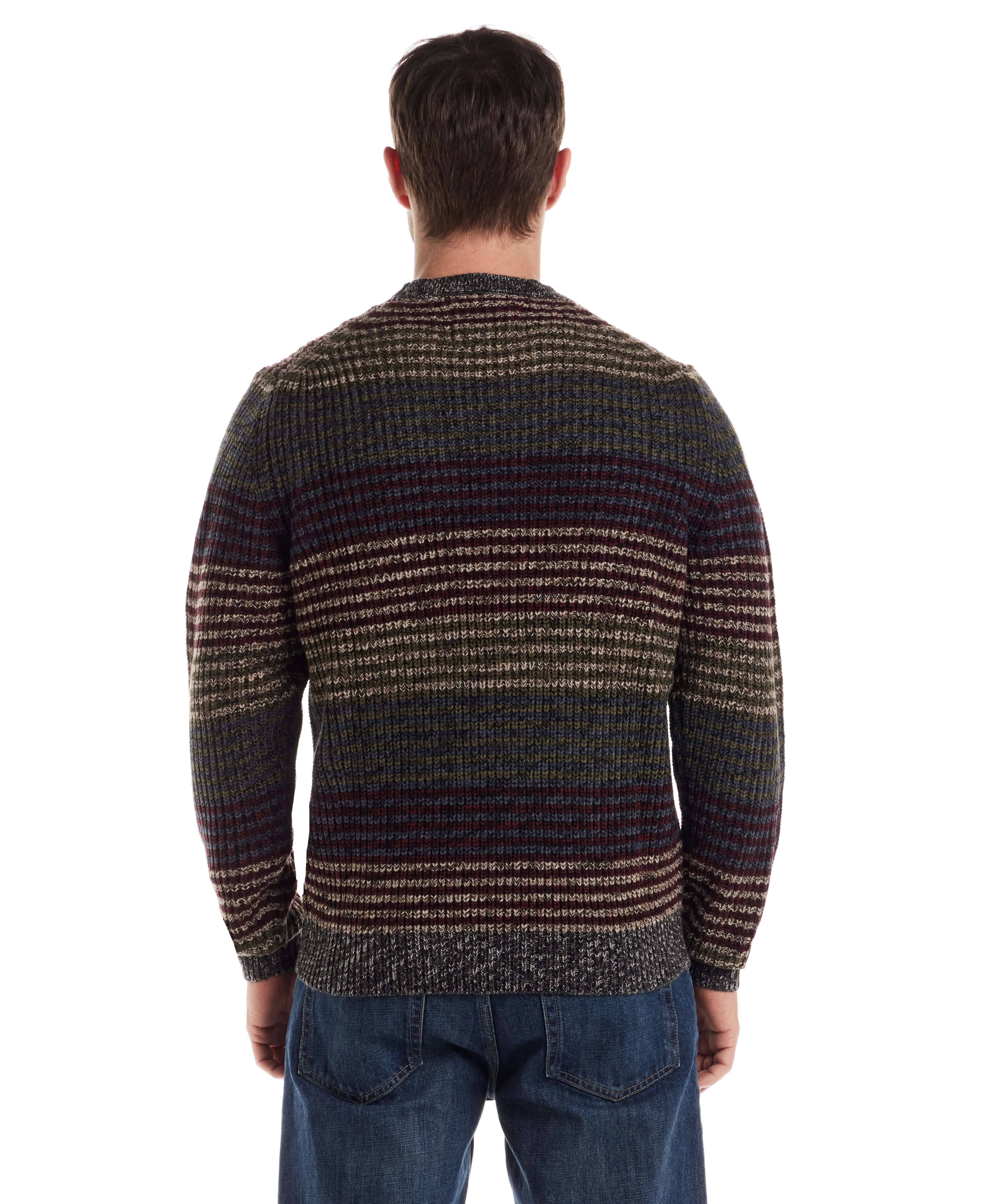 Back view of a man wearing the Mixed Stripe Crew Neck in Burgundy Mix, showcasing its chunky vintage stripes.