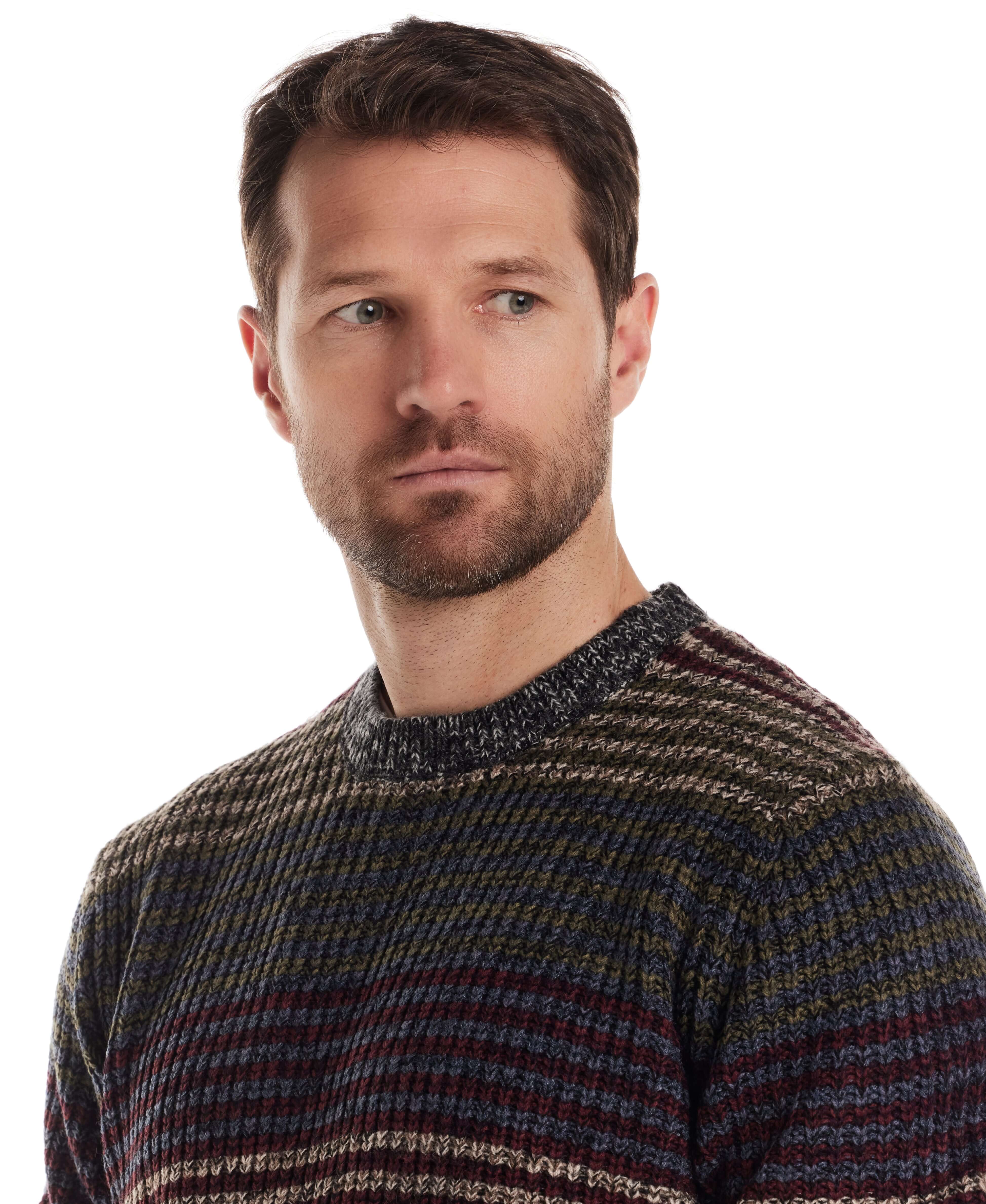 Model wearing the Mixed Stripe Crew Neck in Burgundy Mix, showcasing its chunky striped design and vintage style.